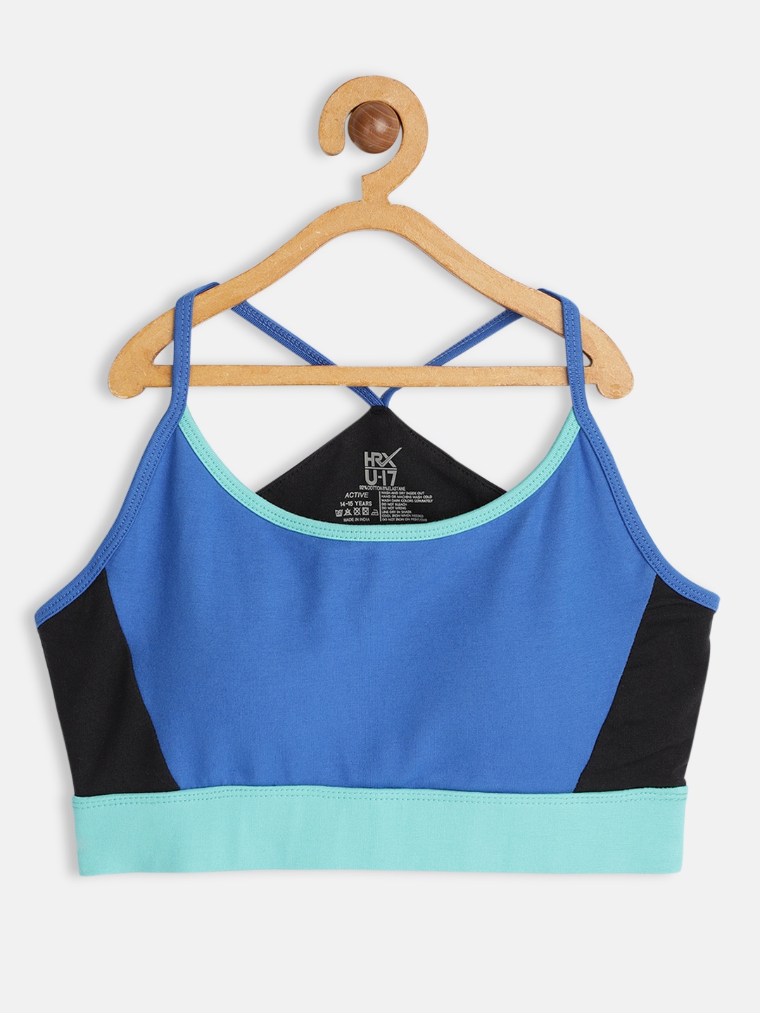 

HRX By Hrithik Roshan U-17 Active Girls Turkish Sea Lycra Colourblock Sports Bra, Blue