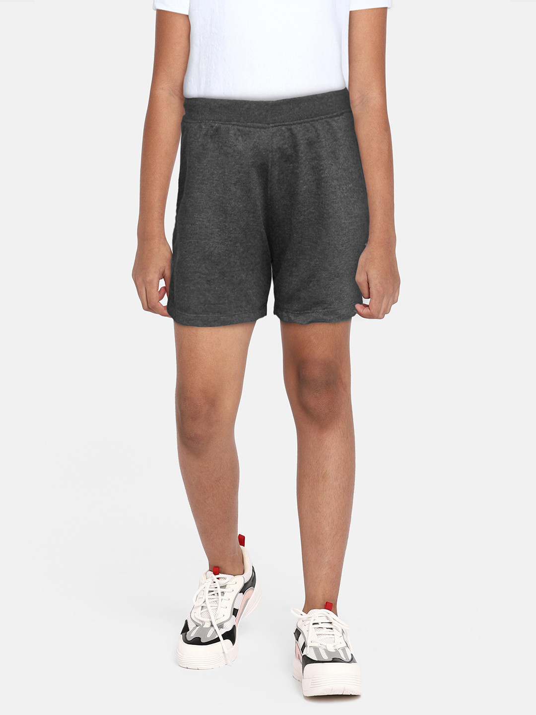

HRX By Hrithik Roshan U-17 Lifestyle Girls Anthra Melange Bio-Wash Typography Shorts, Charcoal