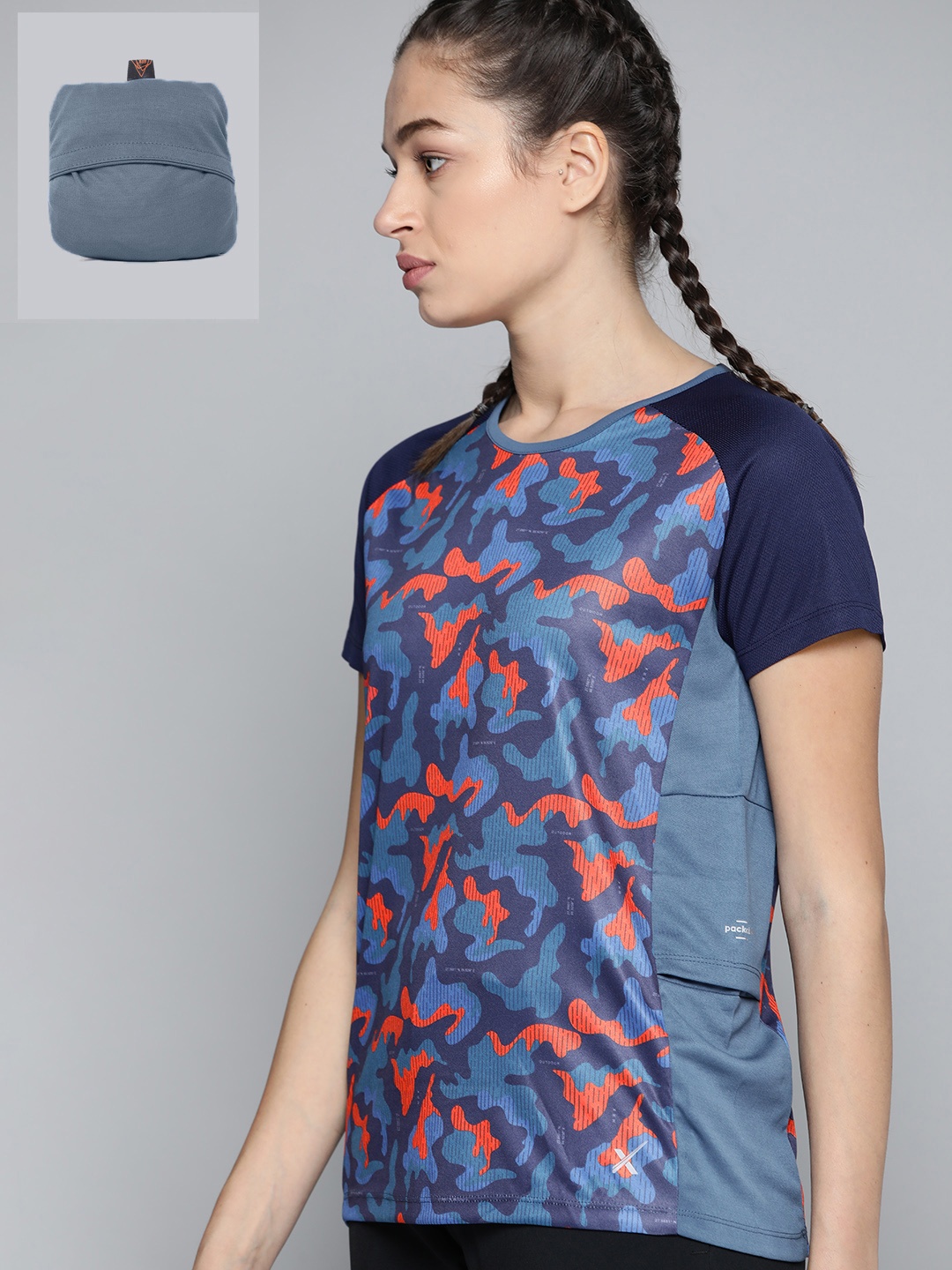 

HRX By Hrithik Roshan Women Medieval Blue Packable Camouflage Outdoor Tshirt, Navy blue