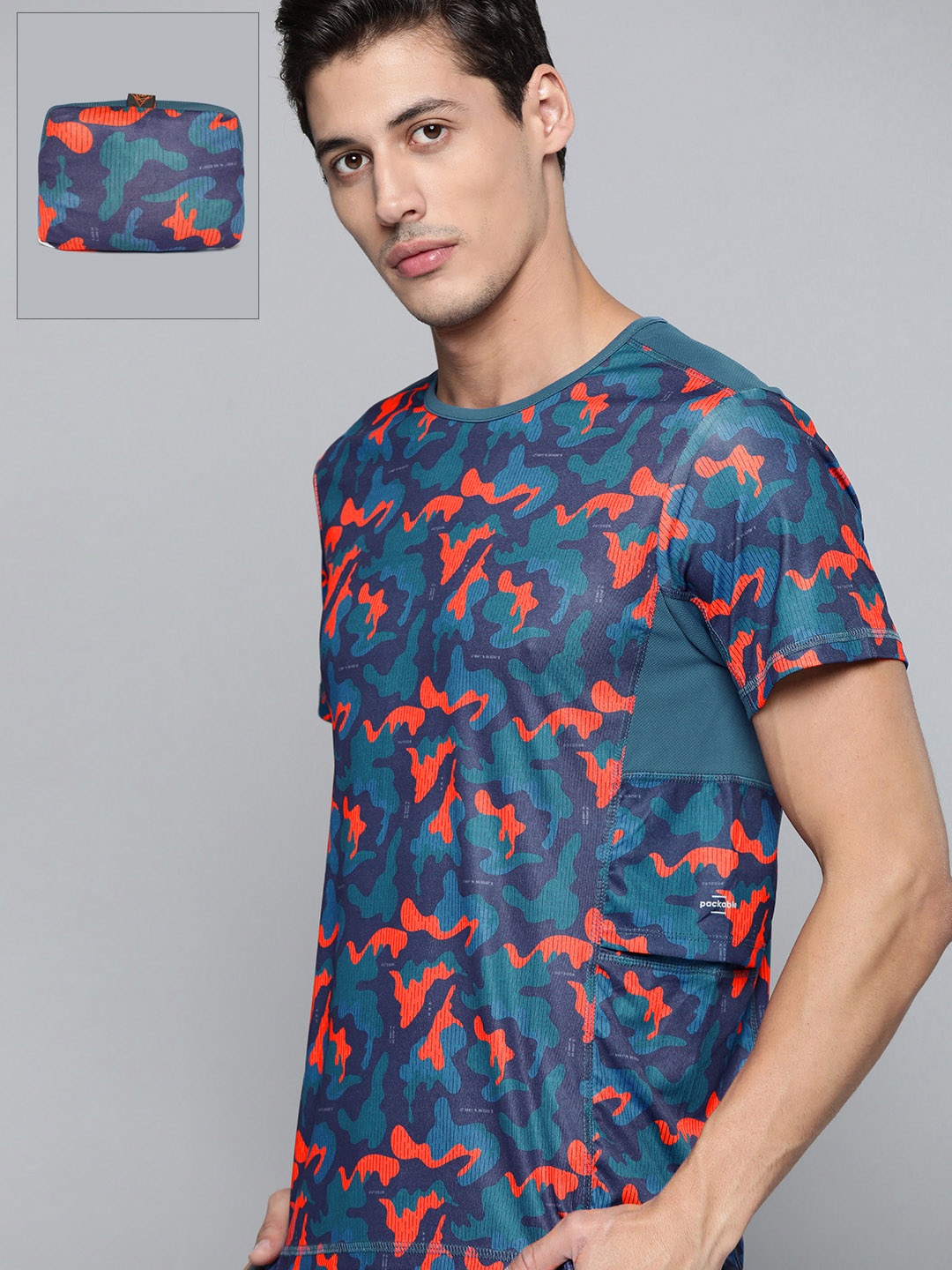 

HRX By Hrithik Roshan Outdoor Men Real Teal Packable Camouflage Tshirt, Blue