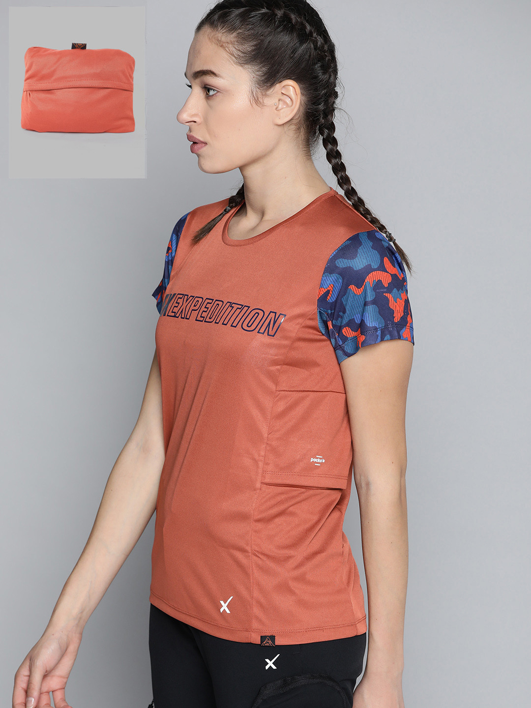 

HRX By Hrithik Roshan Outdoor Women Burnished Sunset Packable Typography Tshirts, Rust