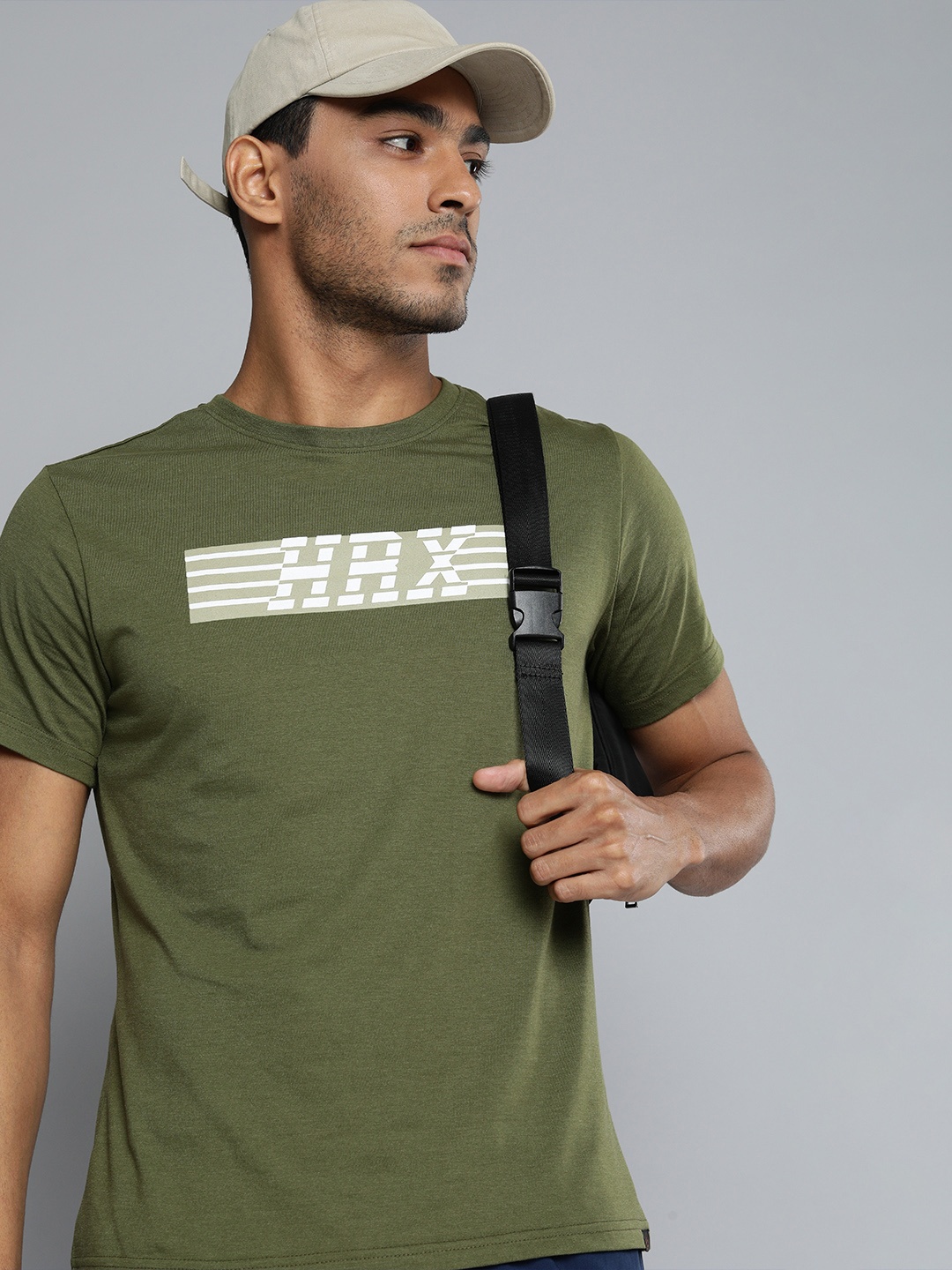 

HRX By Hrithik Roshan Outdoor Men Olive Green Bio-Wash Brand Carrier T-shirt