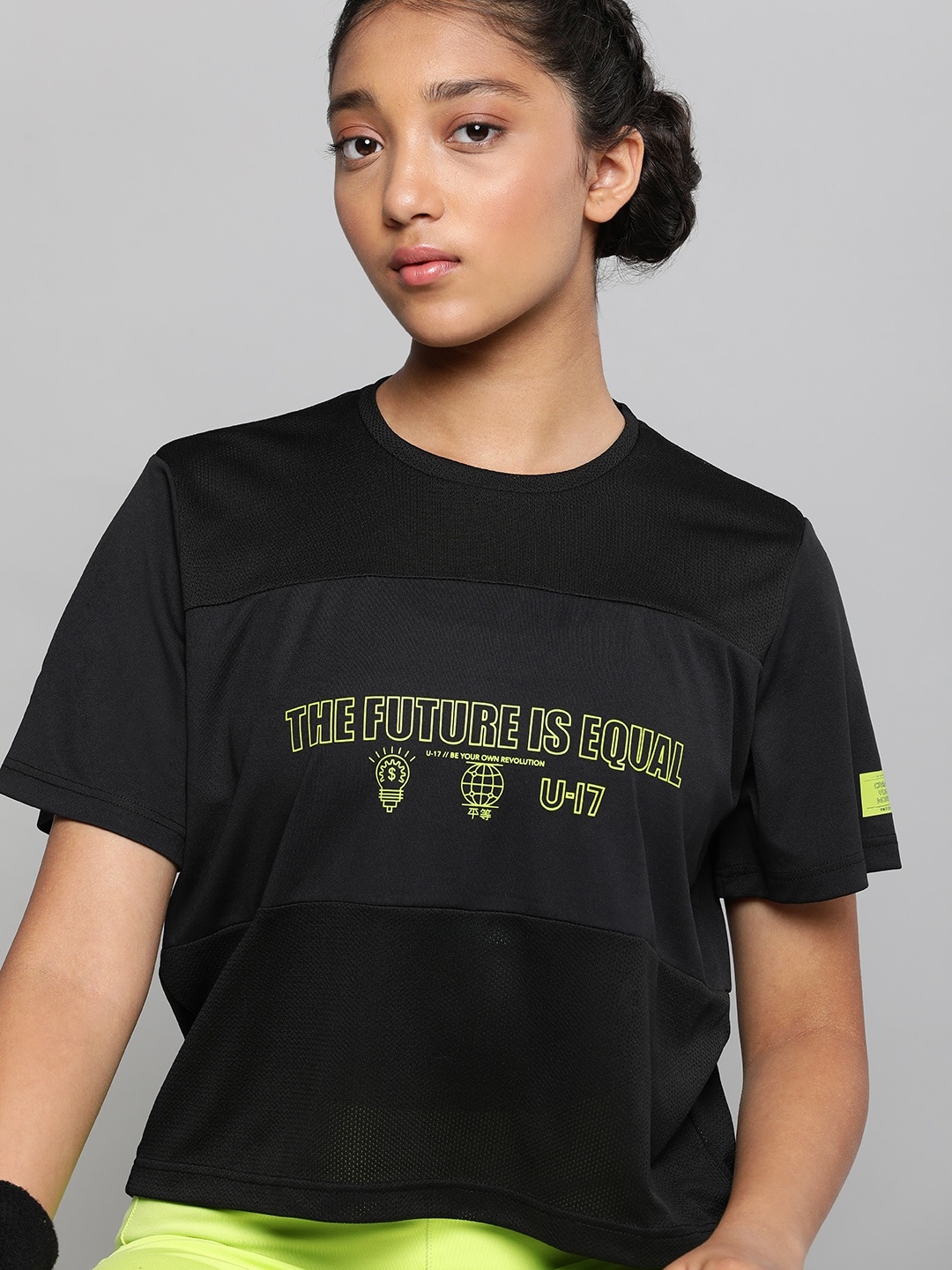 

HRX By Hrithik Roshan U-17 Lifestyle Girls Jet Black Rapid-Dry Typography Tshirts