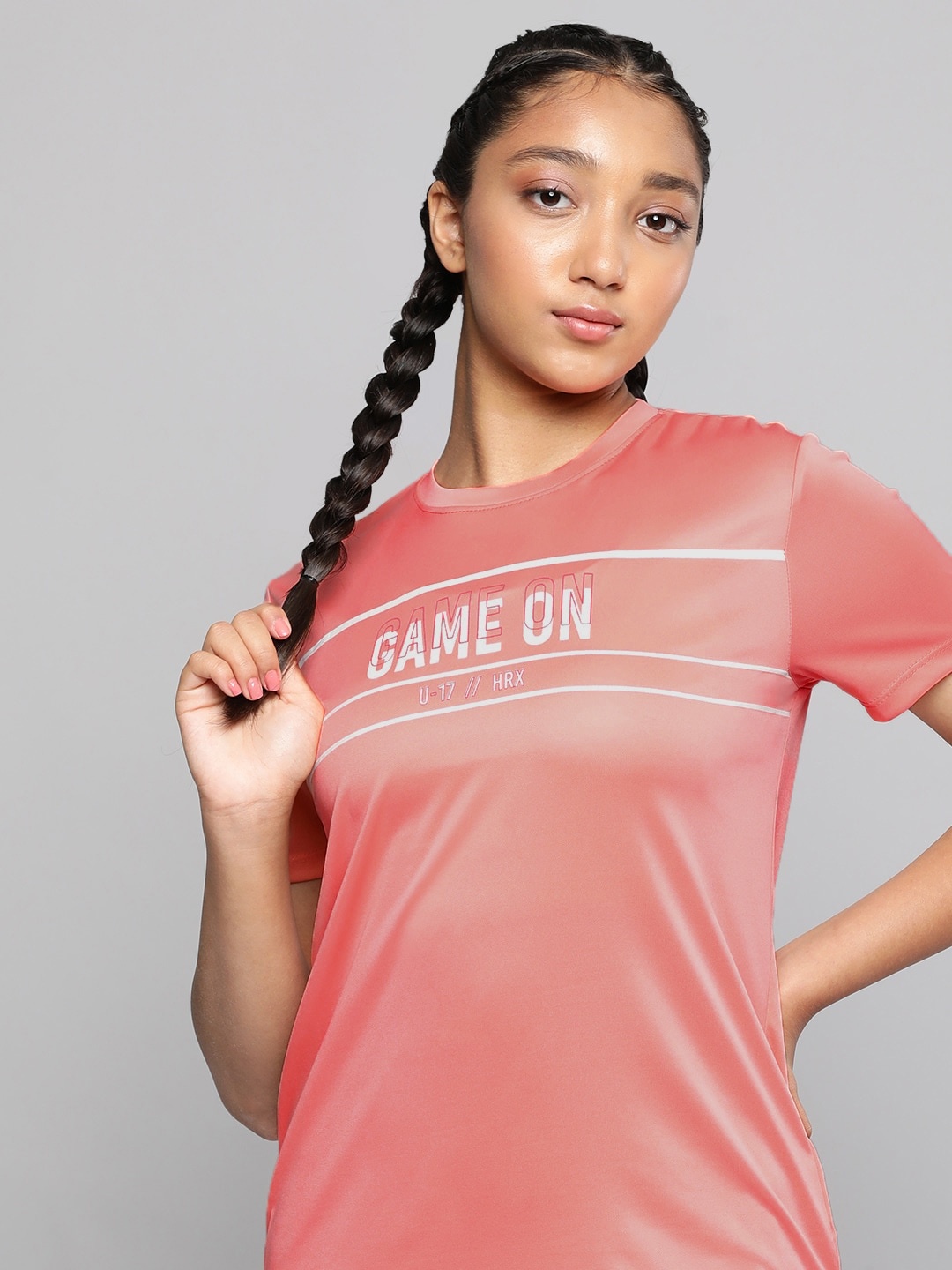 

HRX by Hrithik Roshan U-17 Girls Peach-Coloured Typography Printed T-shirt