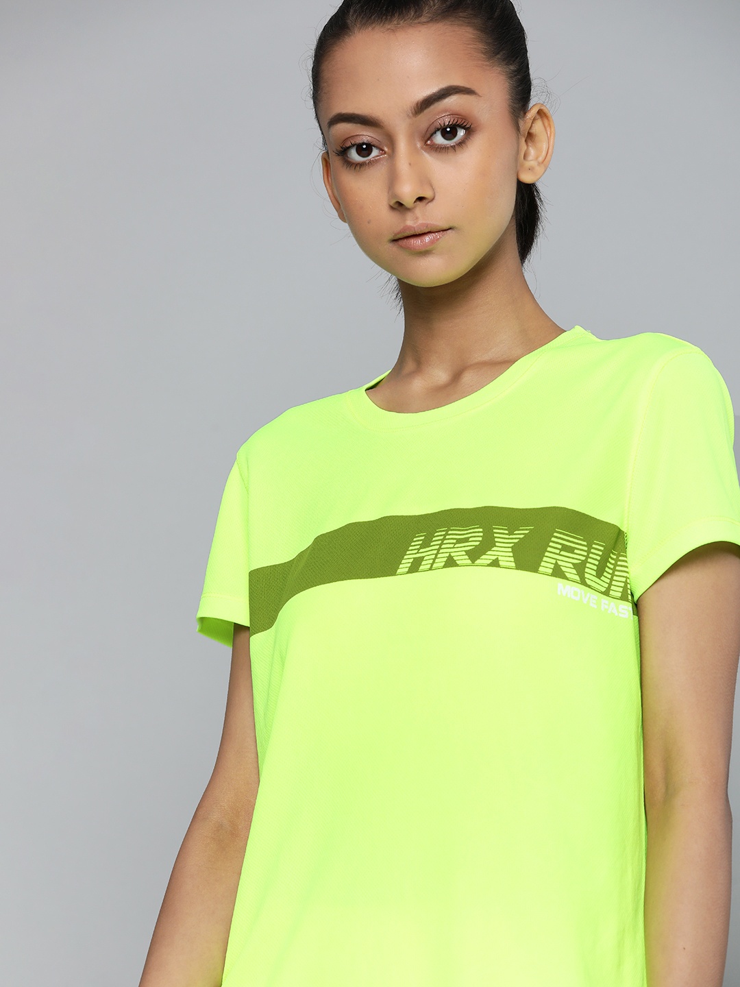 

HRX by Hrithik Roshan Women Fluorescent Green Typography Print Running T-shirt