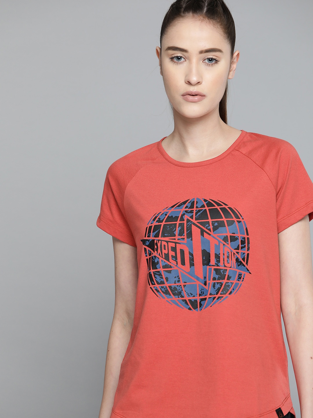 

HRX By Hrithik Roshan Outdoor Women Burnished Sunset Bio-Wash Typography Tshirts, Red