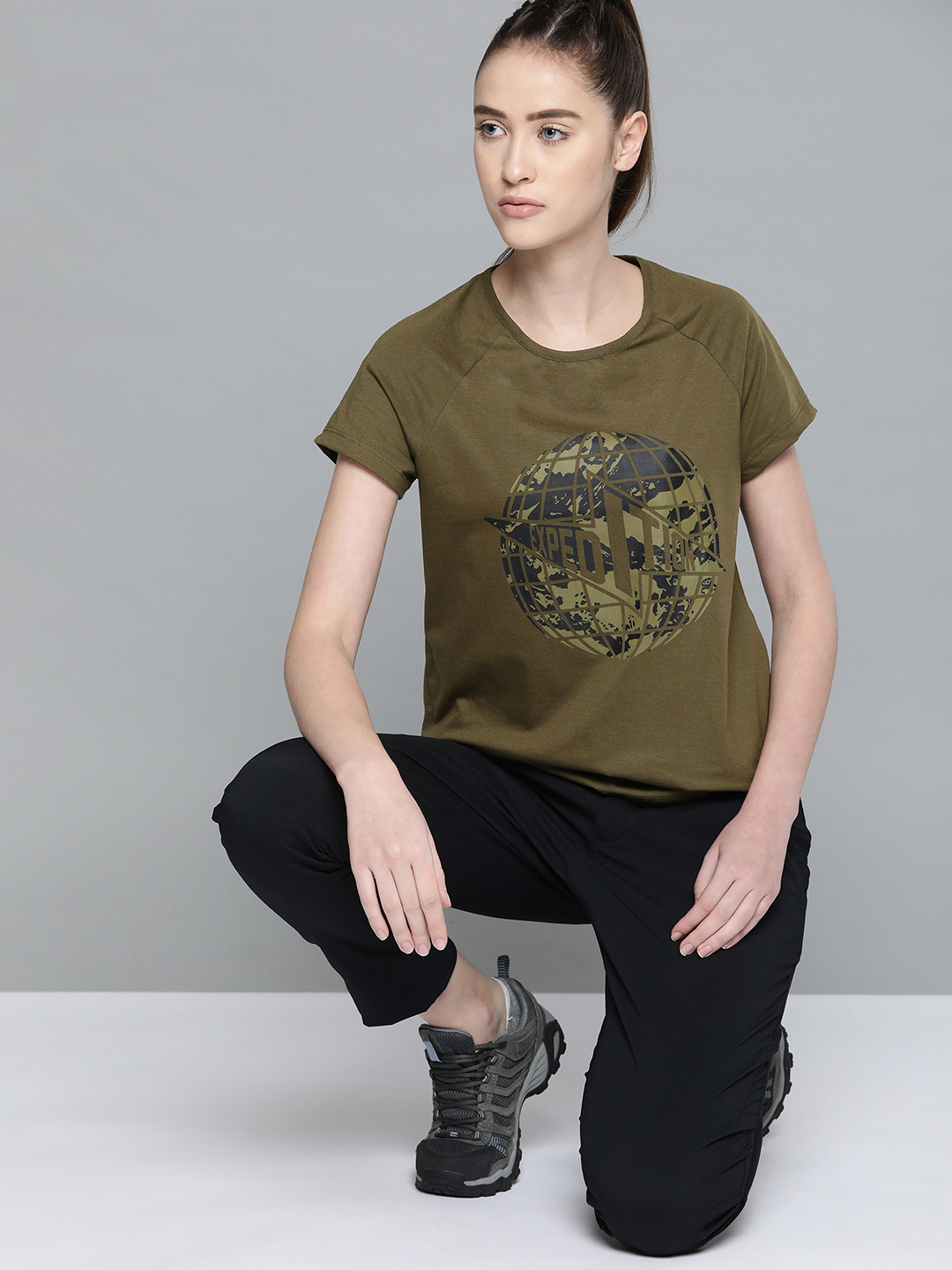 

HRX By Hrithik Roshan Outdoor Women Uniform Green Bio-Wash Typography Printed Tshirts, Olive