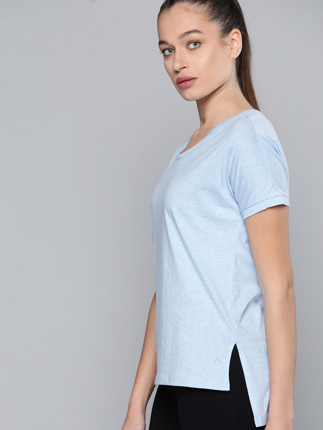 

HRX By Hrithik Roshan Yoga Women Lt Blue Melange Pure Cotton Tshirt