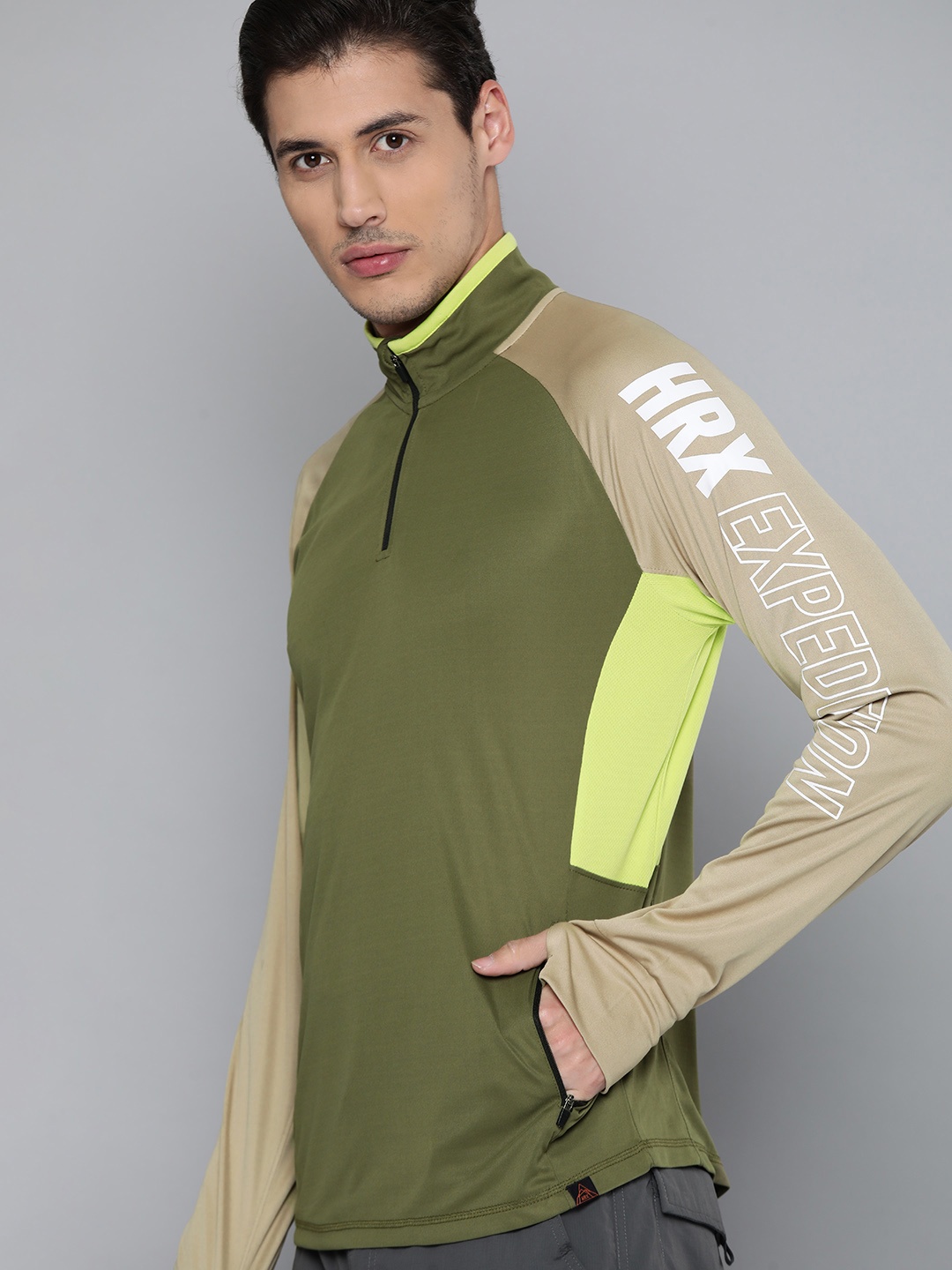 

HRX By Hrithik Roshan Outdoor Men Winter Moss Rapid-Dry Colourblock Tshirts, Olive