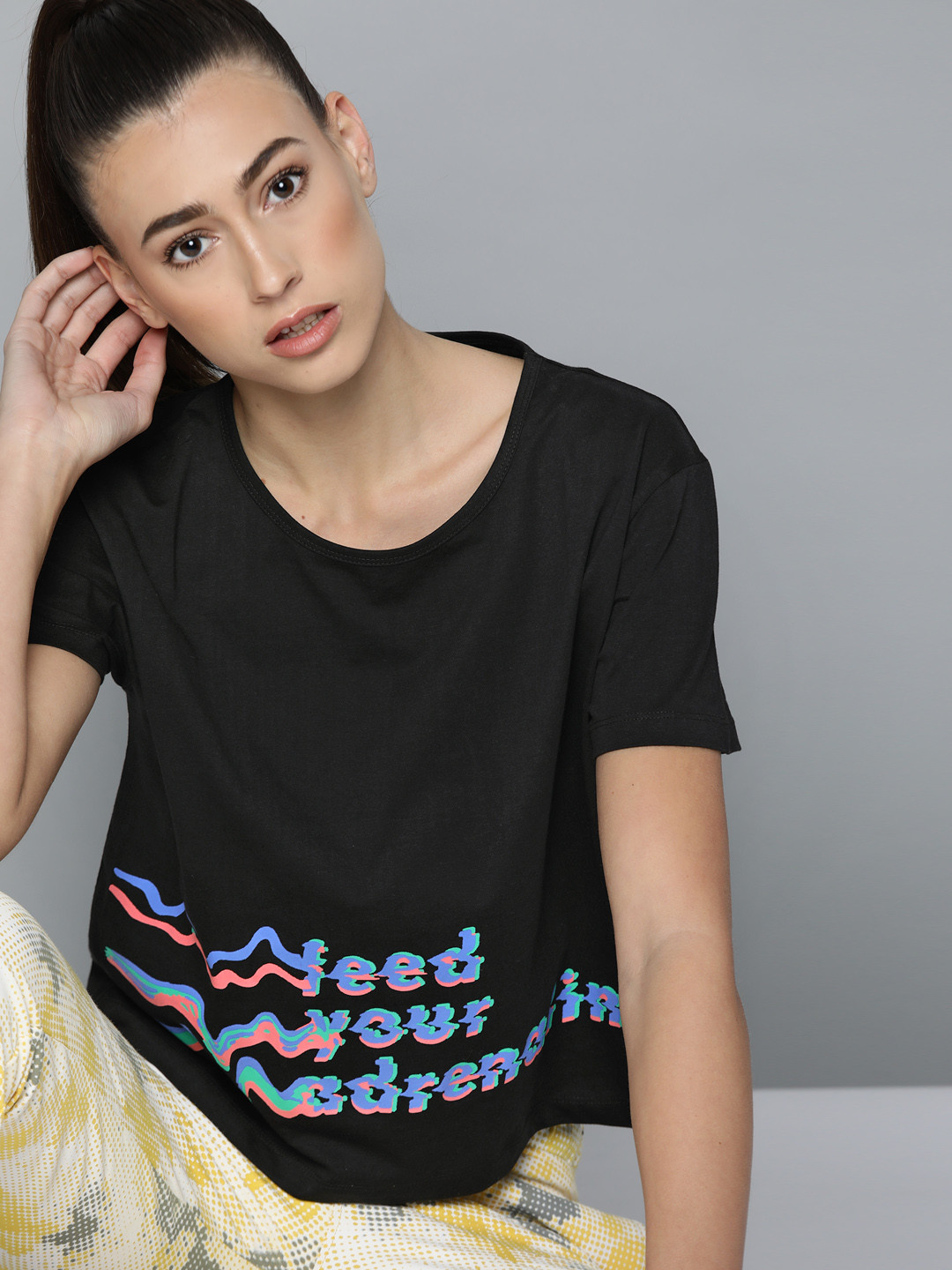 

HRX By Hrithik Roshan Lifestyle Women Jet Black Bio-Wash Typography T-shirt
