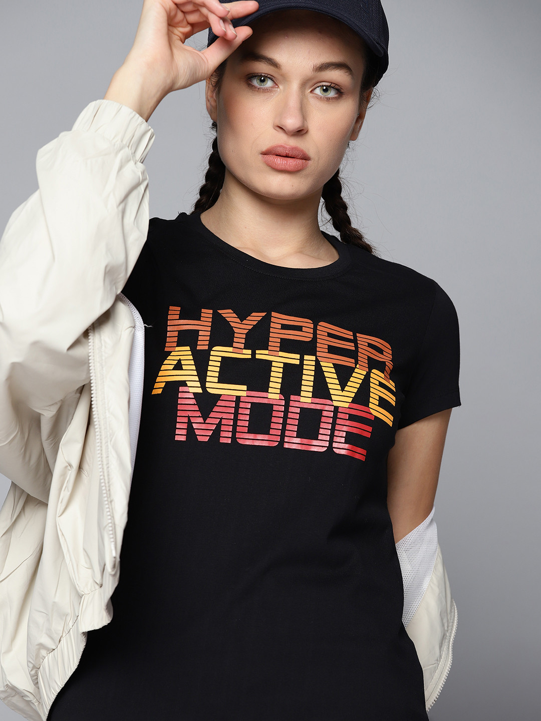 

HRX By Hrithik Roshan Lifestyle Women Jet Black Bio-Wash Typography Tshirts