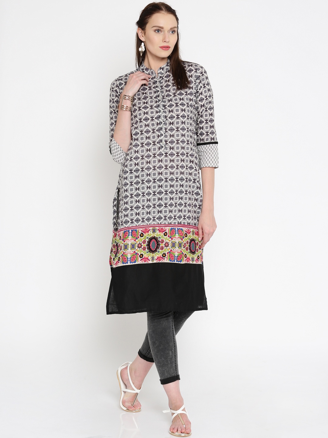 

Vishudh Women Grey Printed Straight Kurta