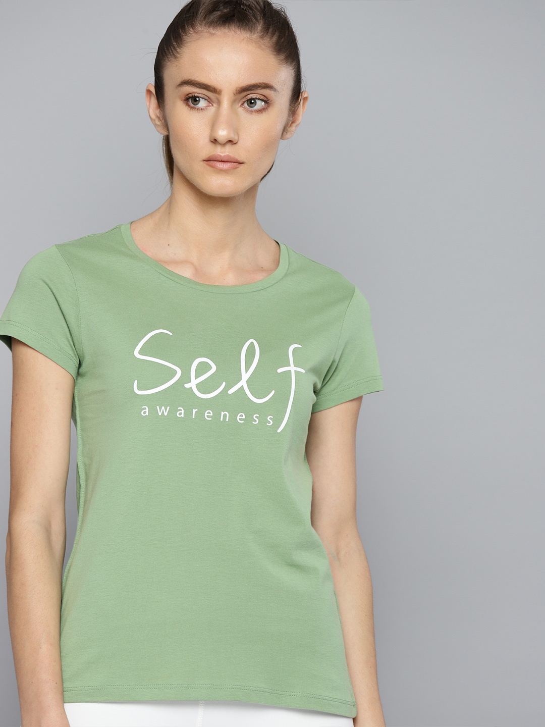 

HRX by Hrithik Roshan Women Green Melange Cotton Typography Yoga T-shirt