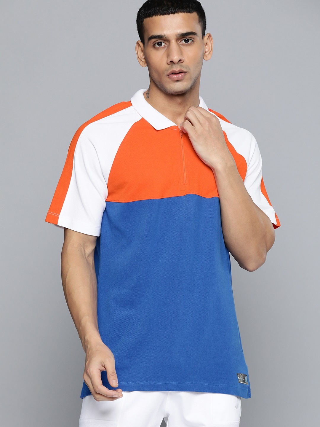 

HRX by Hrithik Roshan Men Blue & Orange Colourblocked Polo Collar Pure Cotton T-shirt