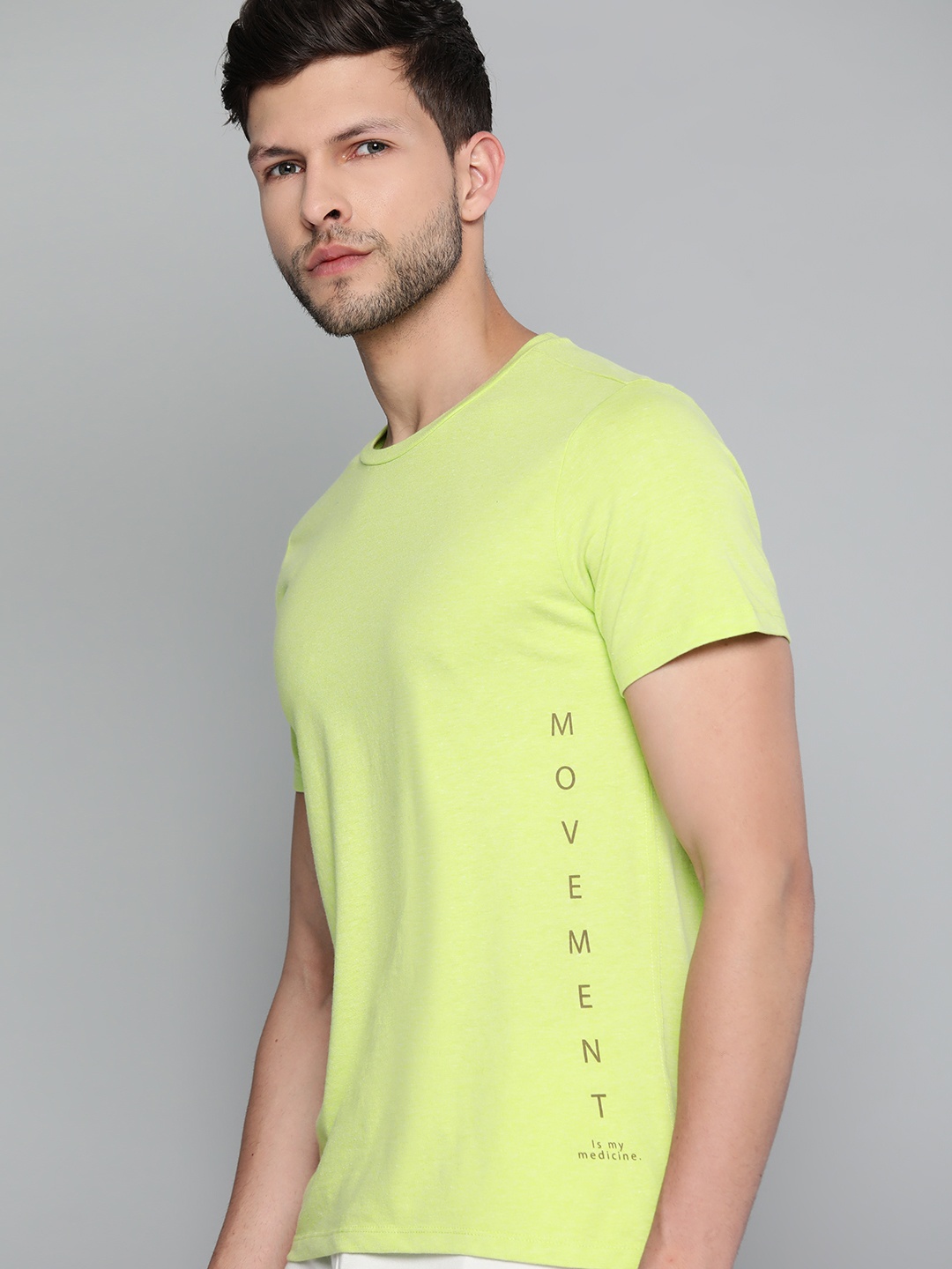 

HRX By Hrithik Roshan Yoga Men Green Melange Organic Cotton Typography Sustainable T-shirt, Lime green