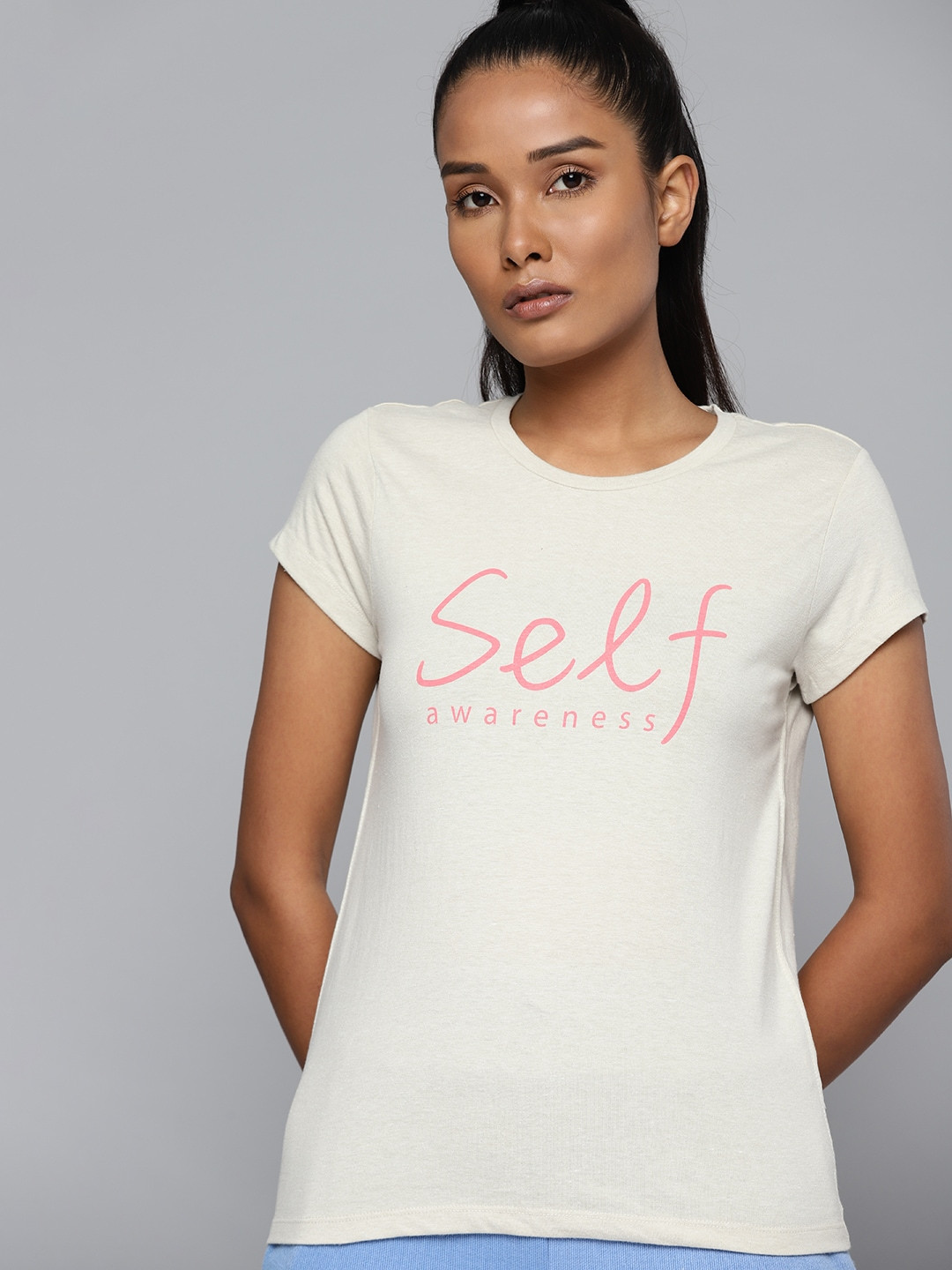 

HRX By Hrithik Roshan Yoga Women Oatmeal Melange Typography Sustainable T-shirt, Off white