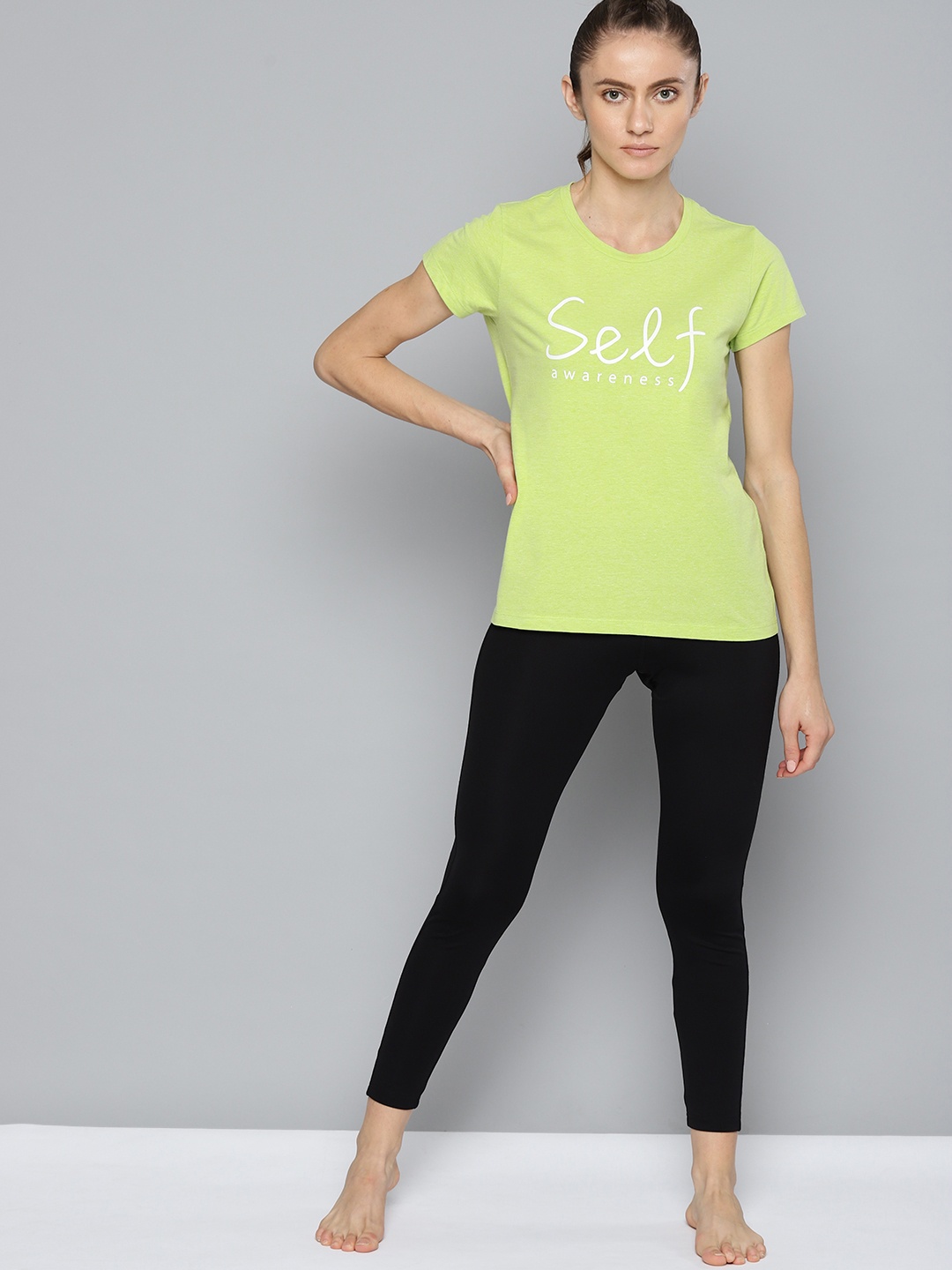 

HRX By Hrithik Roshan Yoga Women Green Melange Typography Print Yoga Sustainable T-shirt