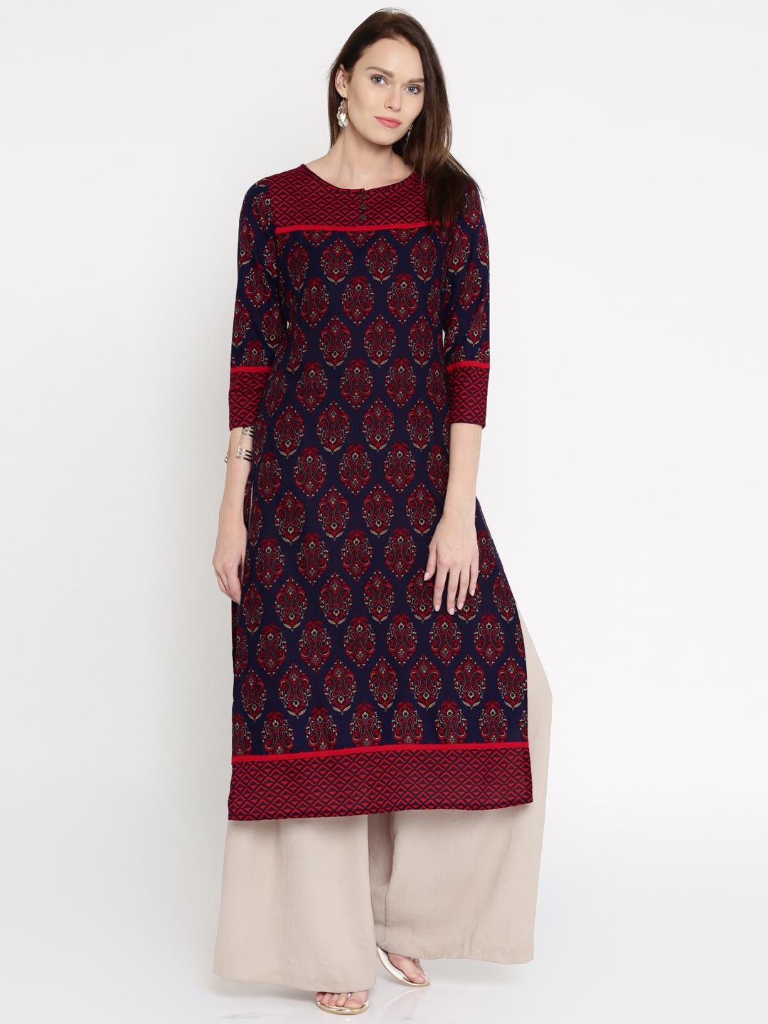 

Vishudh Women Navy Printed Straight Kurta, Navy blue