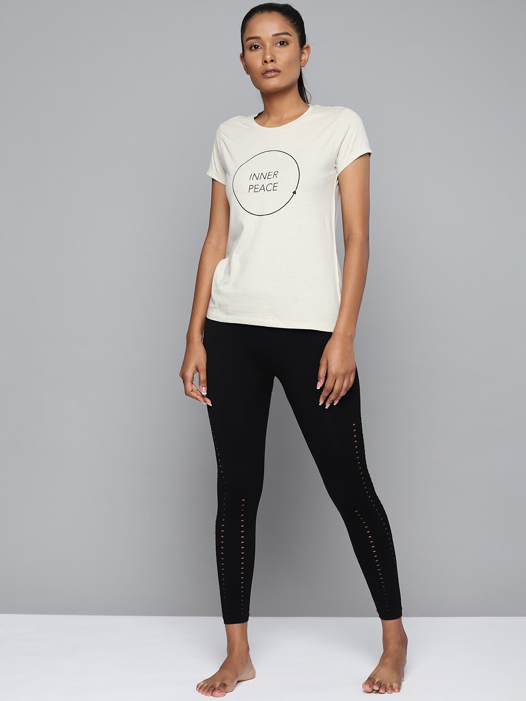 

HRX By Hrithik Roshan Yoga Women Oatmeal Melange Typography Sustainable T-shirt, Off white