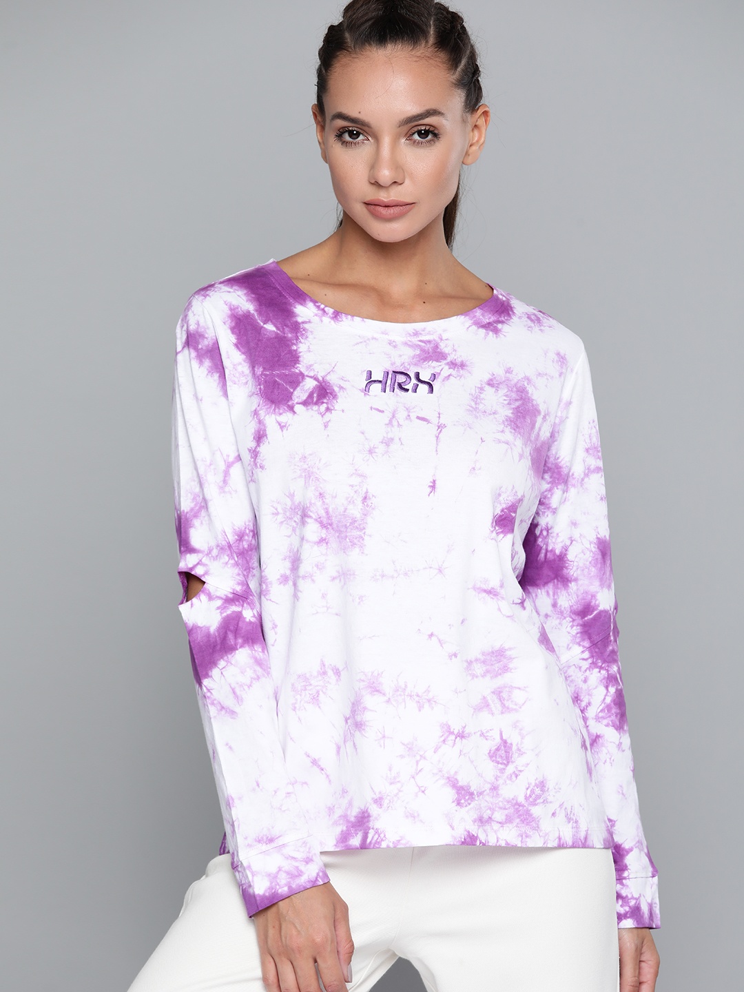 

HRX By Hrithik Roshan Lifestyle Women Purple & White Pure Cotton Bio-Wash Tie & Dye Top