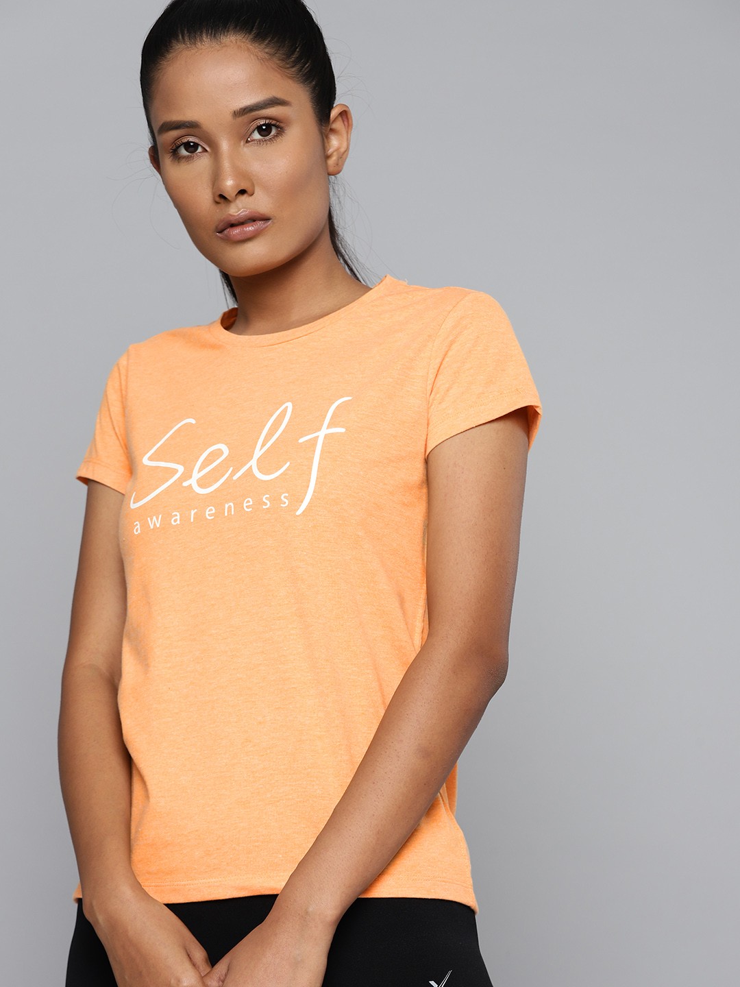 

HRX By Hrithik Roshan Yoga Women Orange Melange Typography Sustainable Tshirts