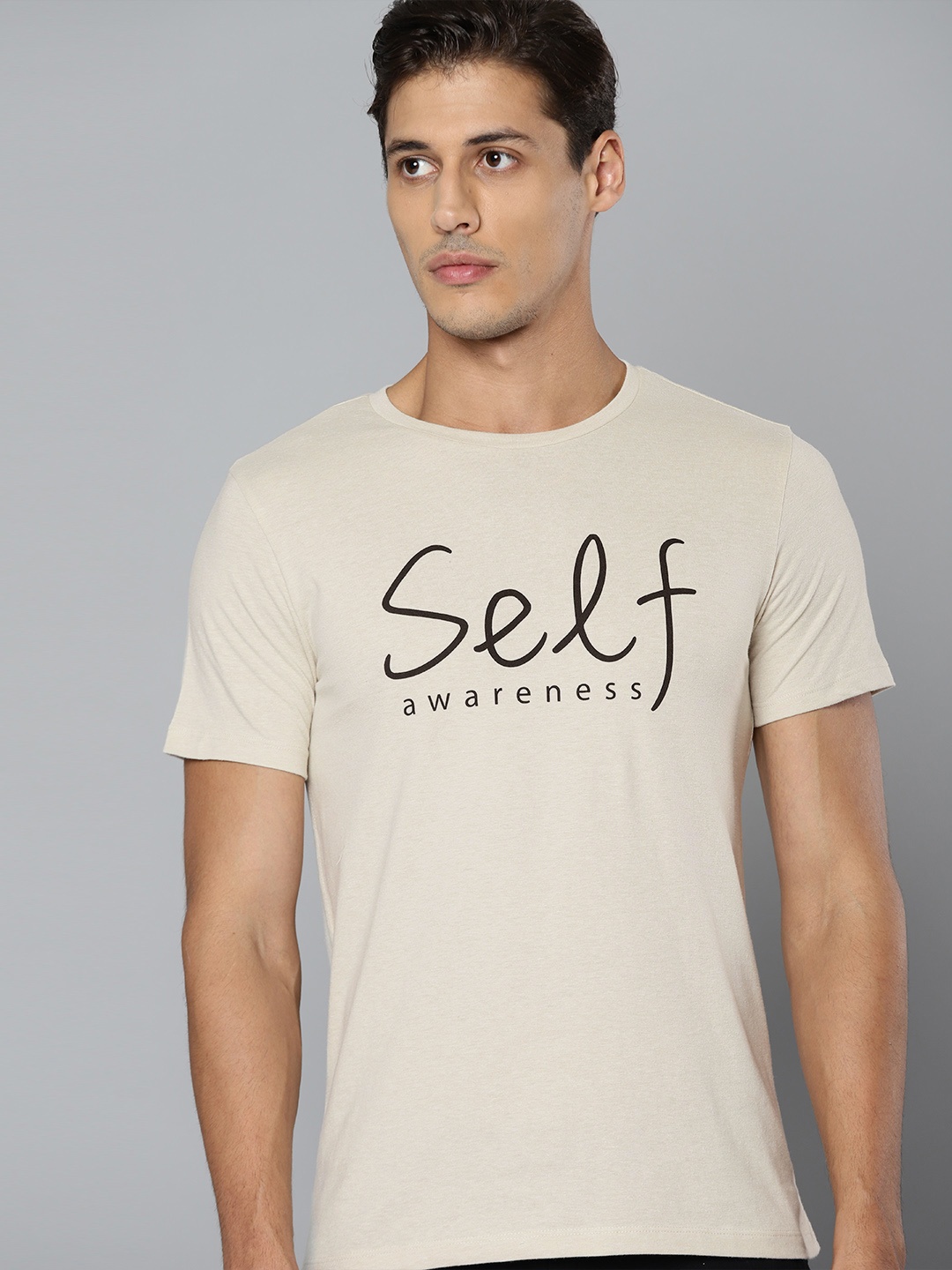 

HRX By Hrithik Roshan Men Yoga Men Oatmeal Melange Typography Pure Cotton Organic Cotton Sustainable T-shirt, Beige
