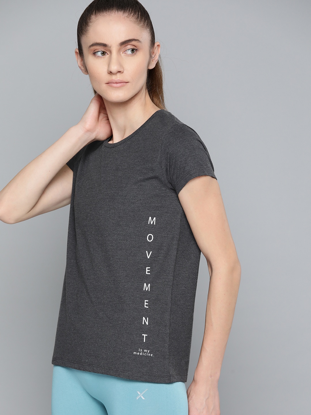 

HRX By Hrithik Roshan Yoga Women Anthra Melange Organic Cotton Typography Sustainable T-shirt, Charcoal