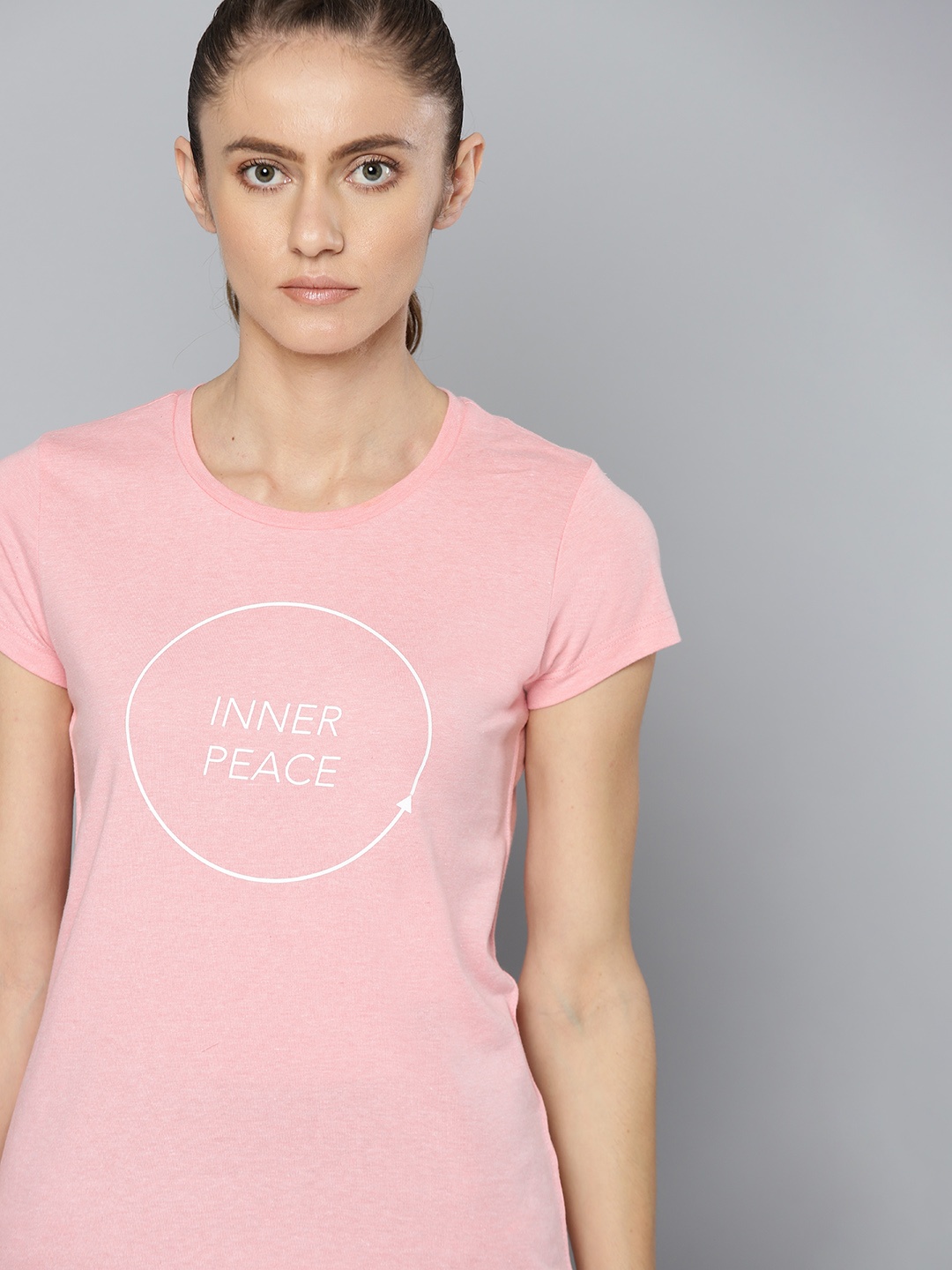 

HRX By Hrithik Roshan Yoga Women Pink Melange Typography Print Yoga Sustainable T-shirt