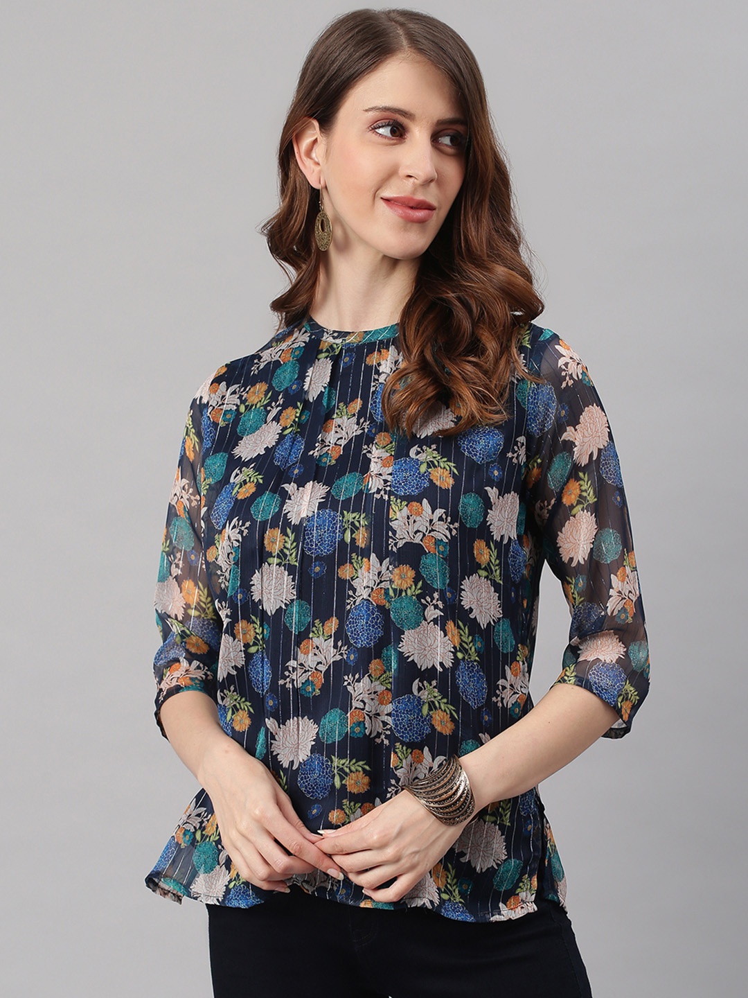 

Janasya Georgette Floral Print Regular Top, Navy blue
