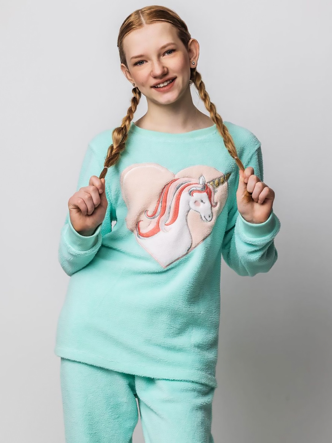 

Cherry Crumble Girls Sea Green & Pink Applique Printed Night suit