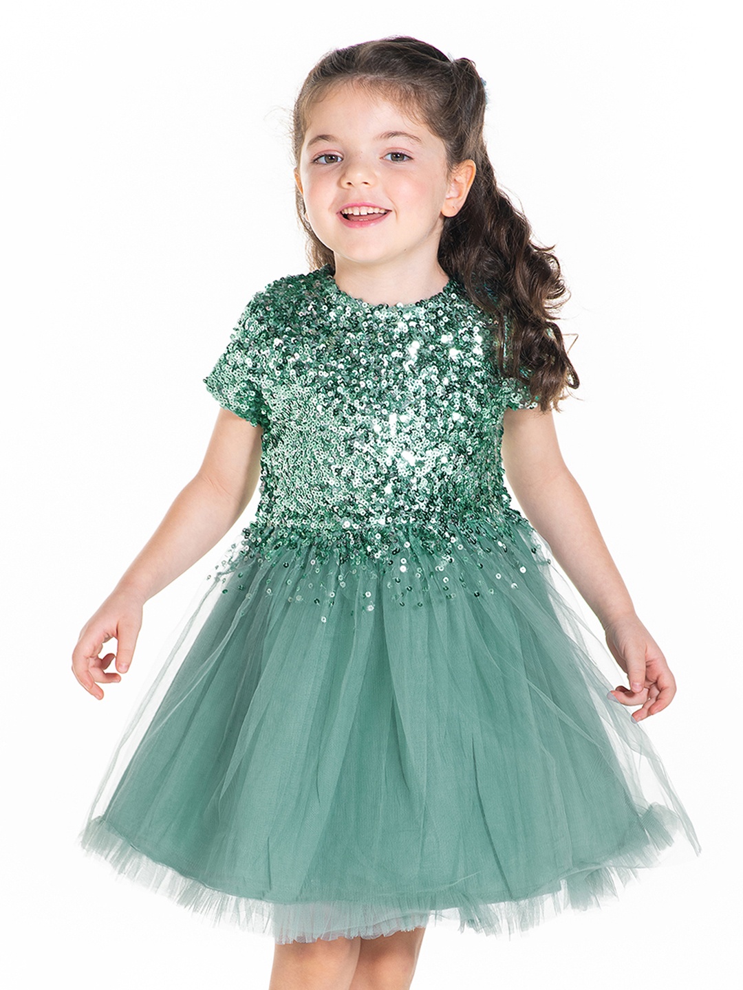 

Cherry Crumble Girls Green Net Sequin Dress with Bow and Clip