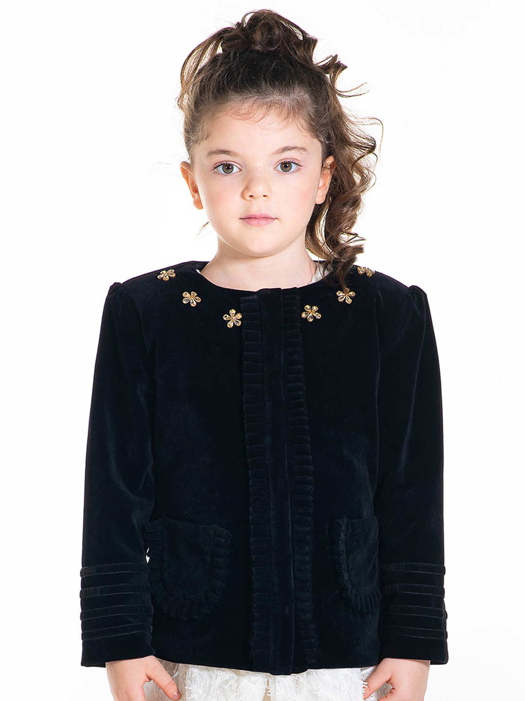 

Cherry Crumble Girls Black Solid Velvet Finish Parka Coat