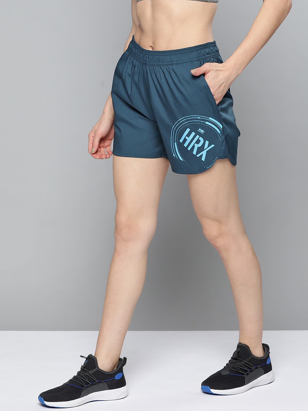 

HRX By Hrithik Roshan Women French Navy Rapid-Dry Brand Carrier Training Shorts, Teal