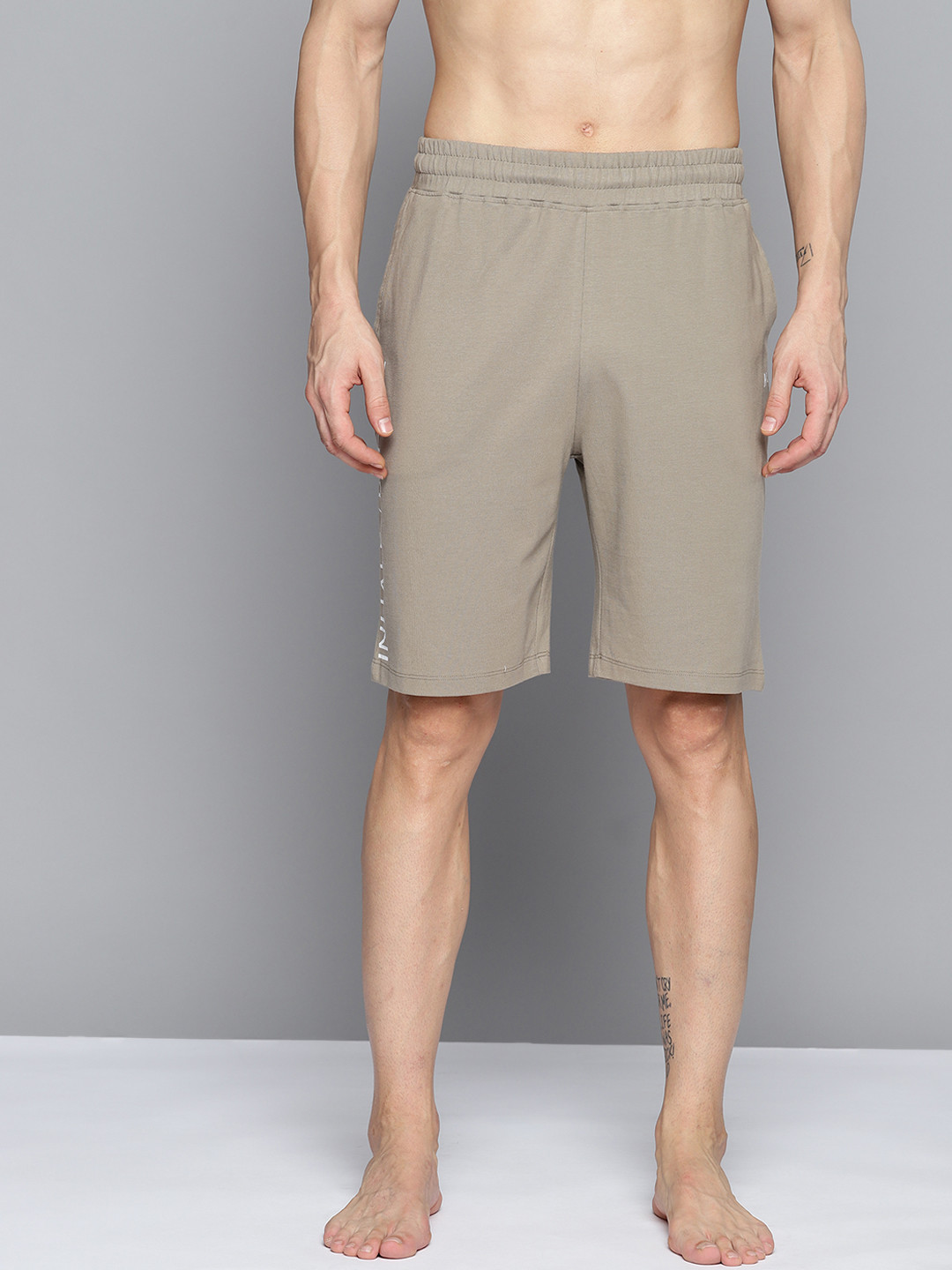 

HRX By Hrithik Roshan Men Taupe Pure Cotton Rapid-Dry Typography Sustainable Shorts