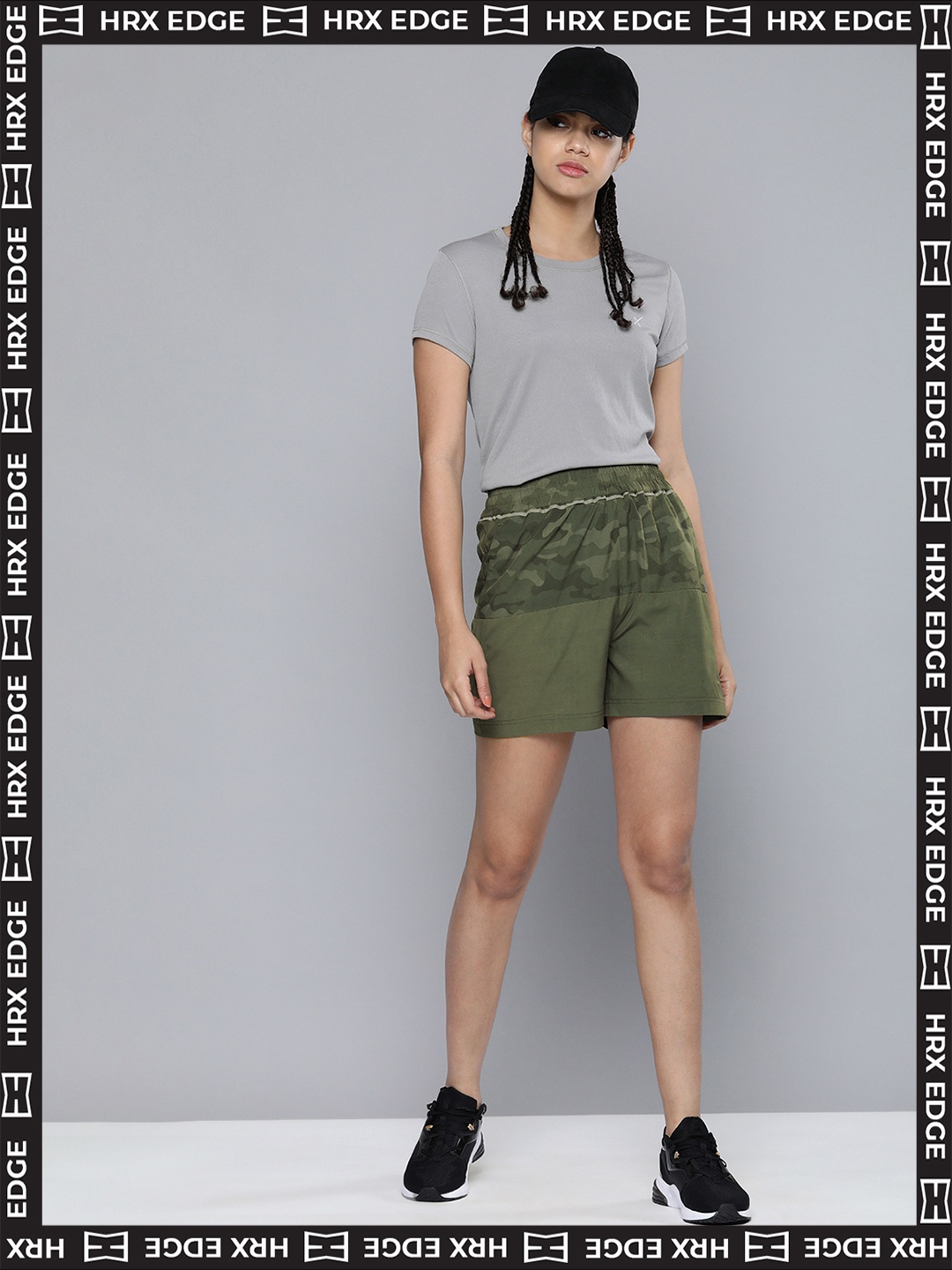 

HRX By Hrithik Roshan EDGE Women Olive Green Camouflage Rapid-Dry AOP Lifestyle Shorts