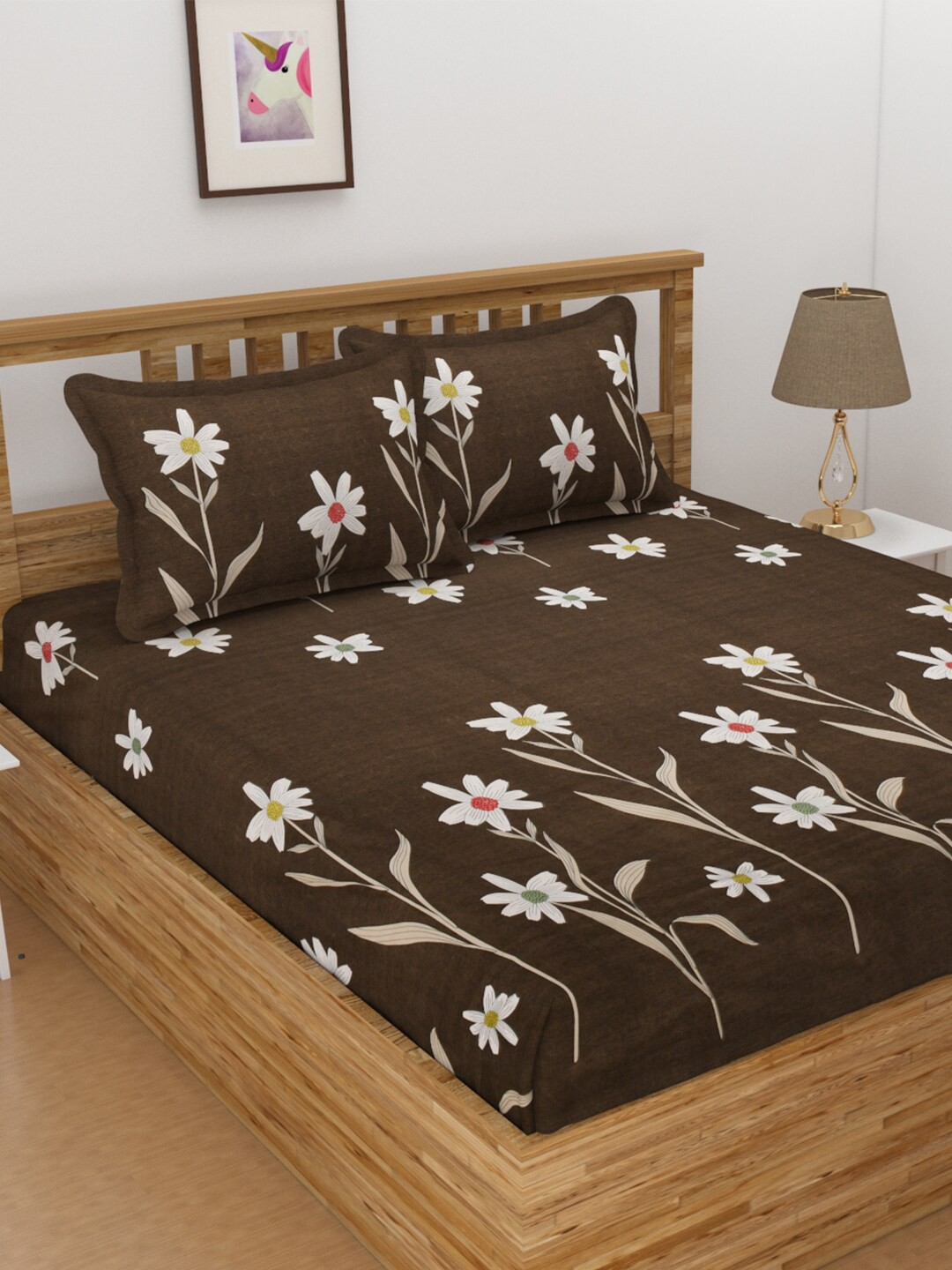 Florida Brown & White Floral 144 TC King Bedsheet with 2 Pillow Covers