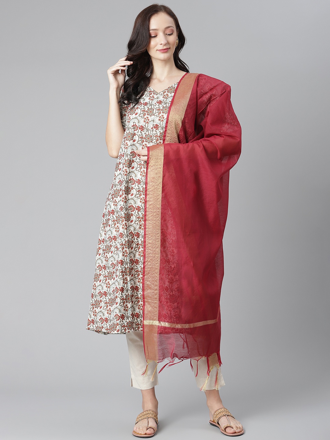 

SIAH Women Off White & Maroon Printed Pure Cotton Kurta with Trousers & Dupatta