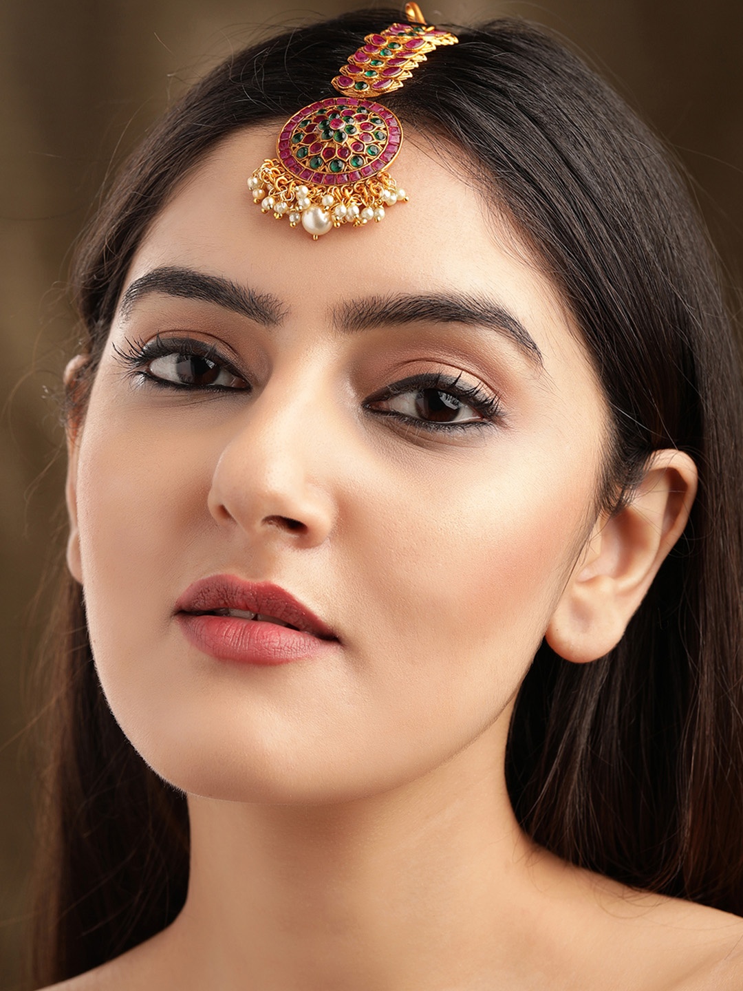 

Rubans 24K Gold-Plated Pink & Green Ruby Stone-Studded Handcrafted Maangtikka