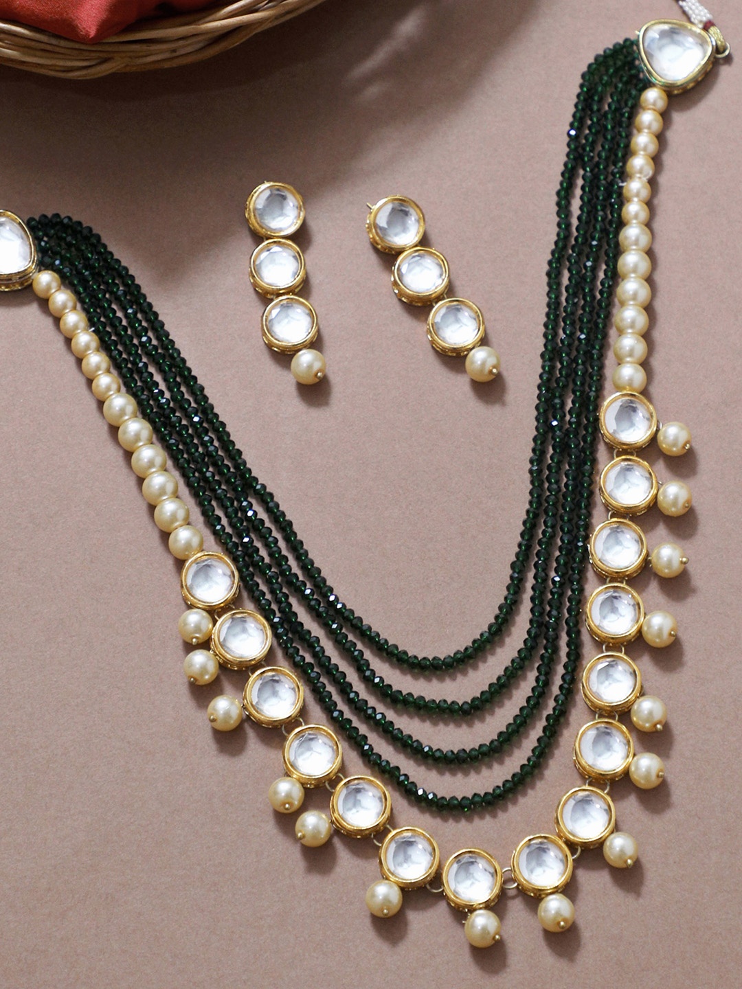 

KARATCART Gold-Plated White & Green Pearl Beaded Polki Kundan-Studded Handcrafted Rani Haar Jewellery Set