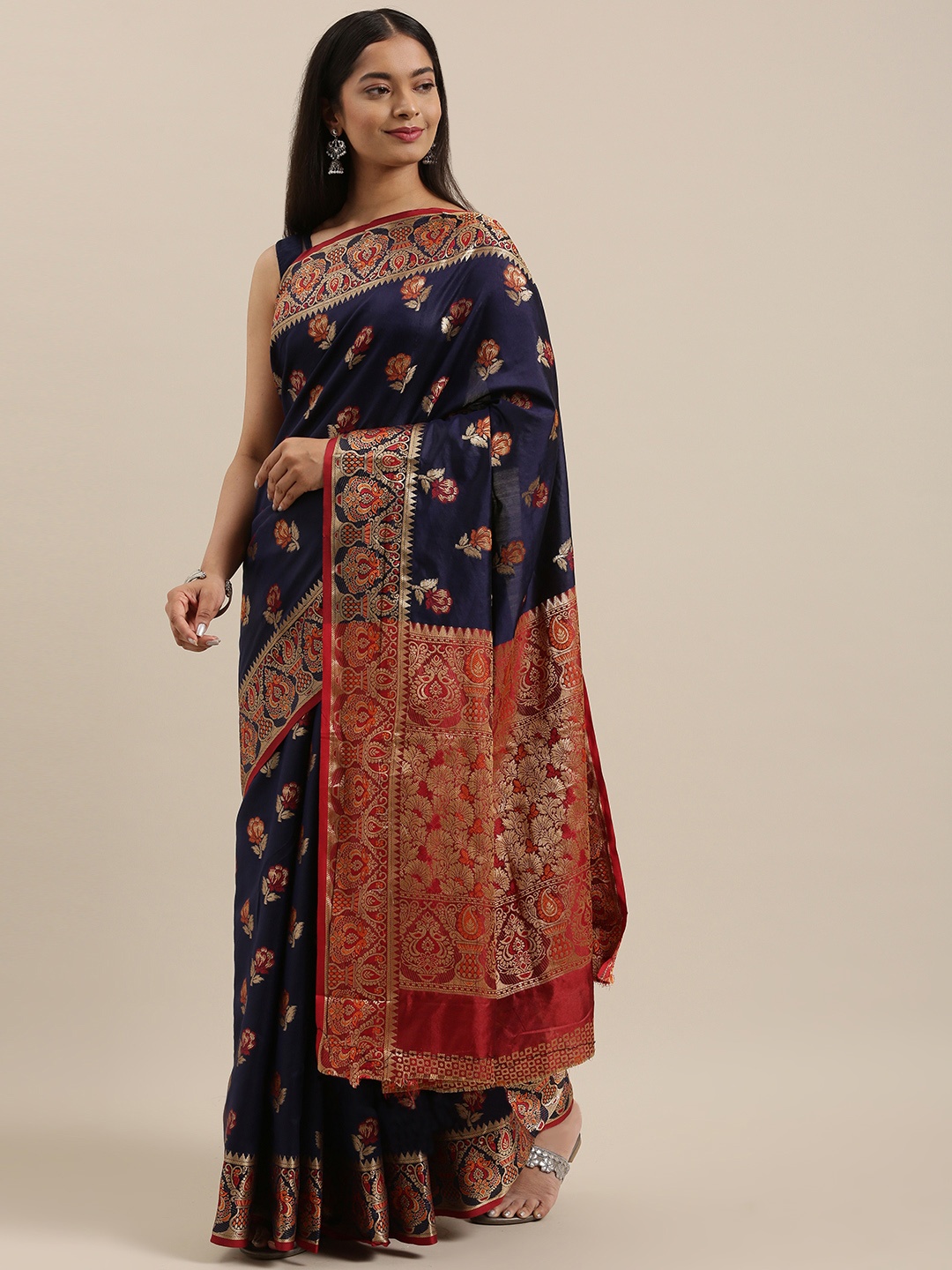 

SANGAM PRINTS Navy Blue & Red Heavy Banarasi Silk Woven Work Traditional Saree
