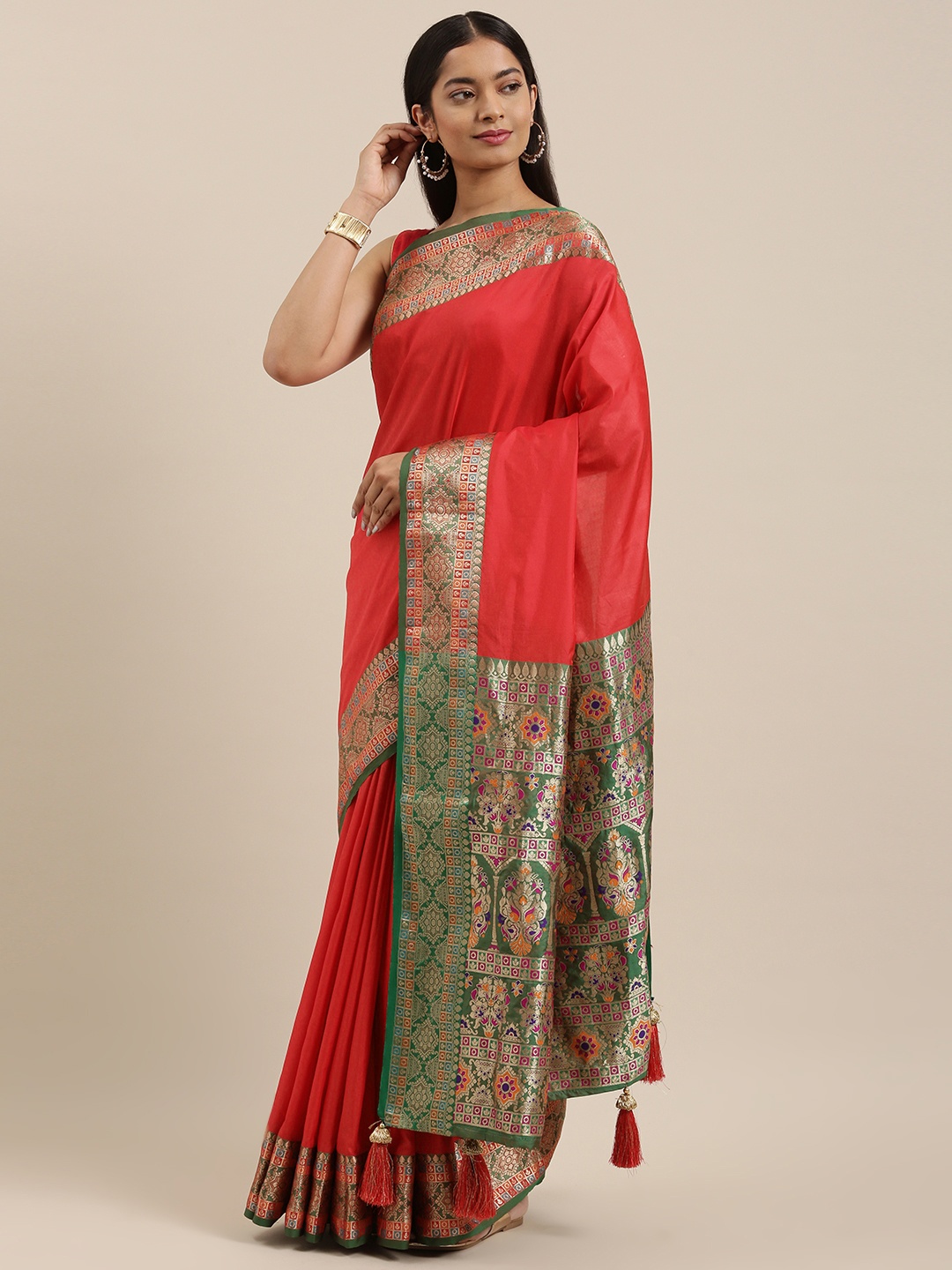 

SANGAM PRINTS Coral Red & Green Zari Pure Silk Kanjeevaram Saree