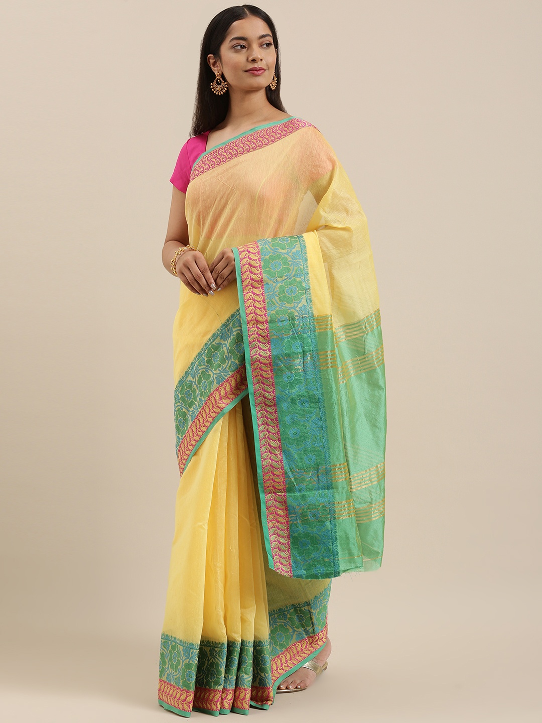 

SANGAM PRINTS Yellow & Green Cotton Handloom Woven Work Traditional Saree