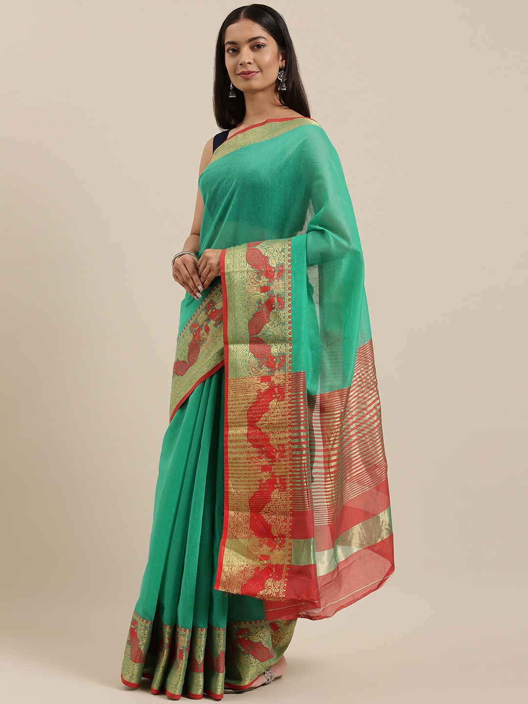 

SANGAM PRINTS Green & Red Cotton Handloom Woven Work Traditional Saree