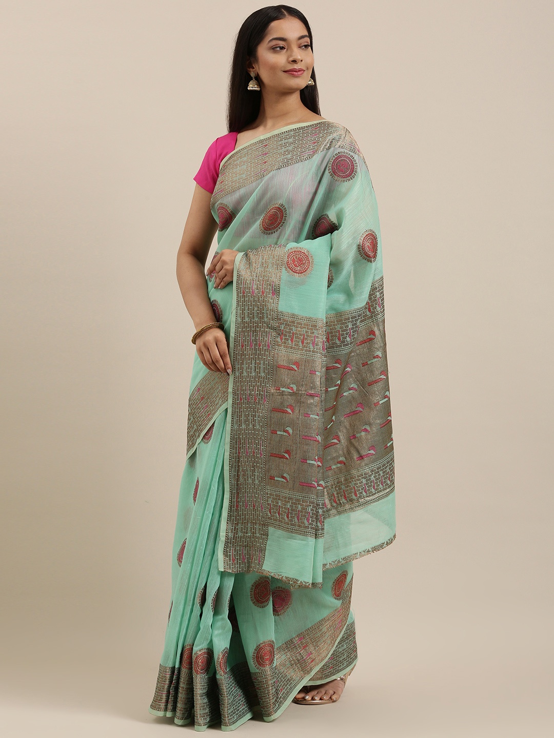 

SANGAM PRINTS Sea Green & Pink Ethnic Motifs Chanderi Saree