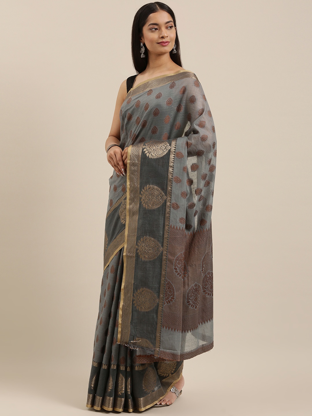 

SANGAM PRINTS Grey & Brown Ethnic Motifs Chanderi Saree