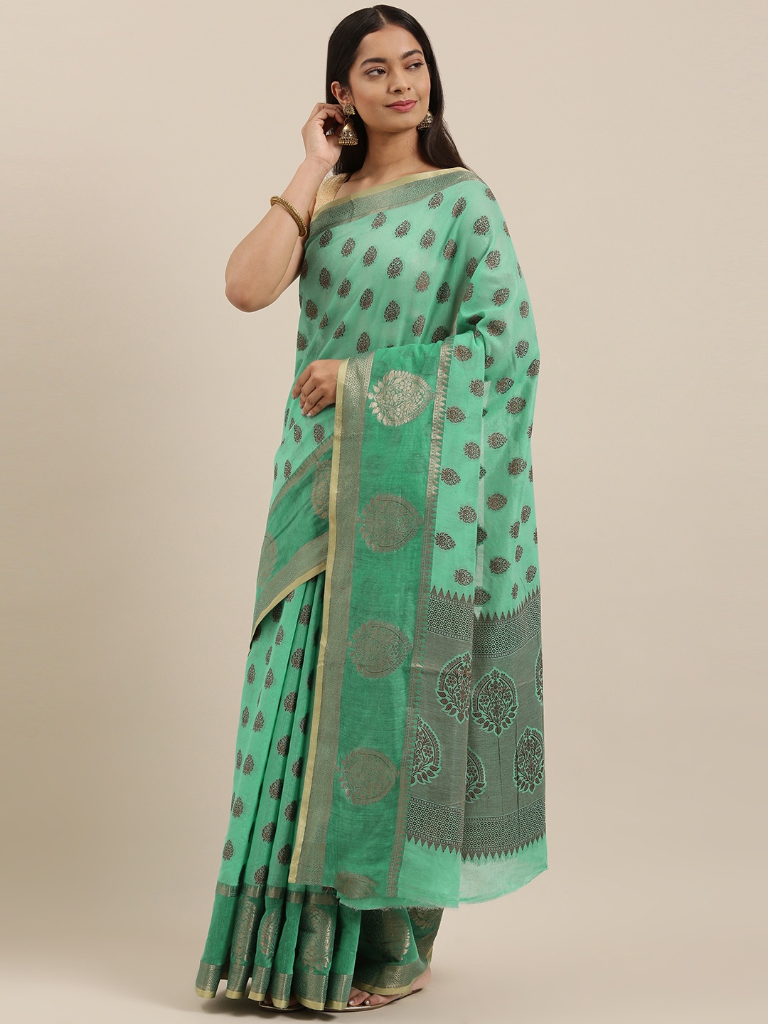 

SANGAM PRINTS Sea Green & Silver-Coloured Woven Design Zari Chanderi Handloom Saree