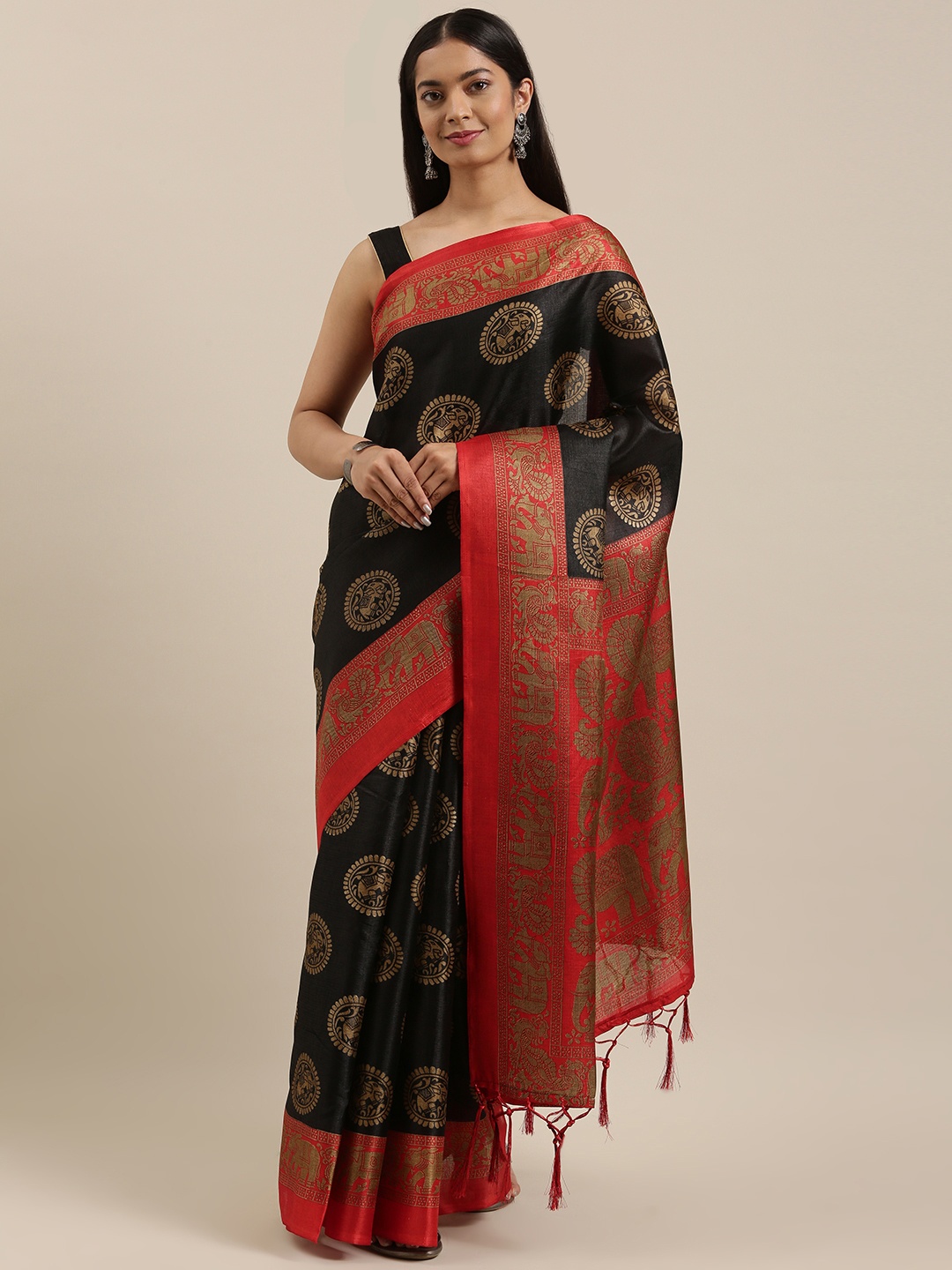 

SANGAM PRINTS Black & Red Ethnic Motifs Art Silk Saree