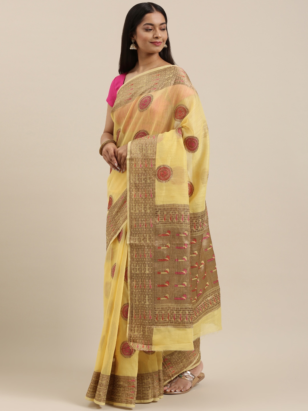 

SANGAM PRINTS Yellow & Pink Ethnic Motifs Chanderi Saree