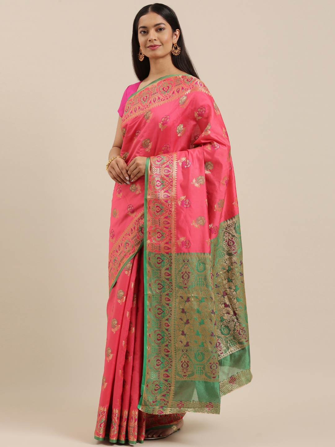 

SANGAM PRINTS Pink & Green Heavy Banarasi Silk Woven Work Traditional Saree