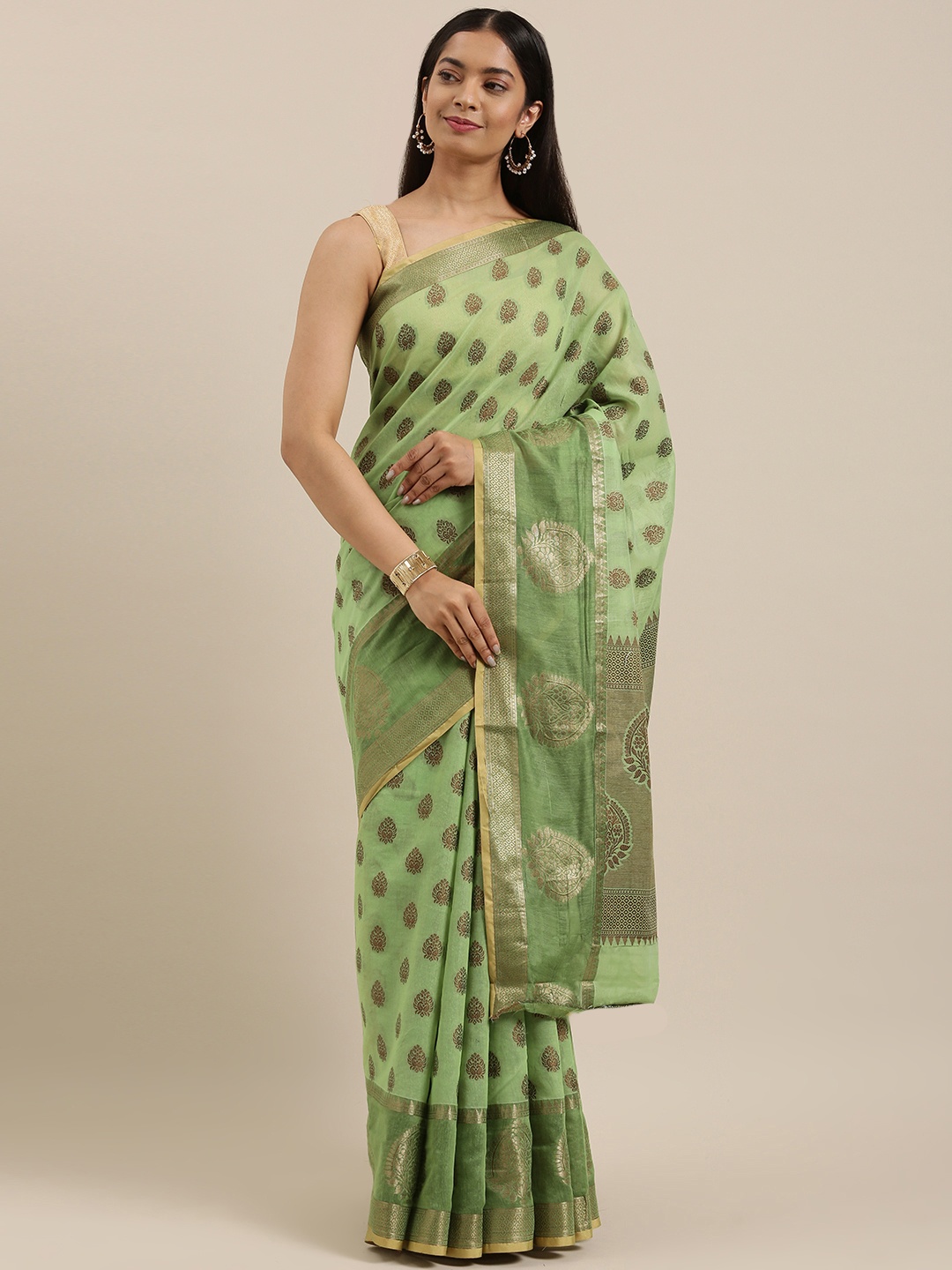 

SANGAM PRINTS Green & Golden Ethnic Motifs Zari Handloom Chanderi Saree